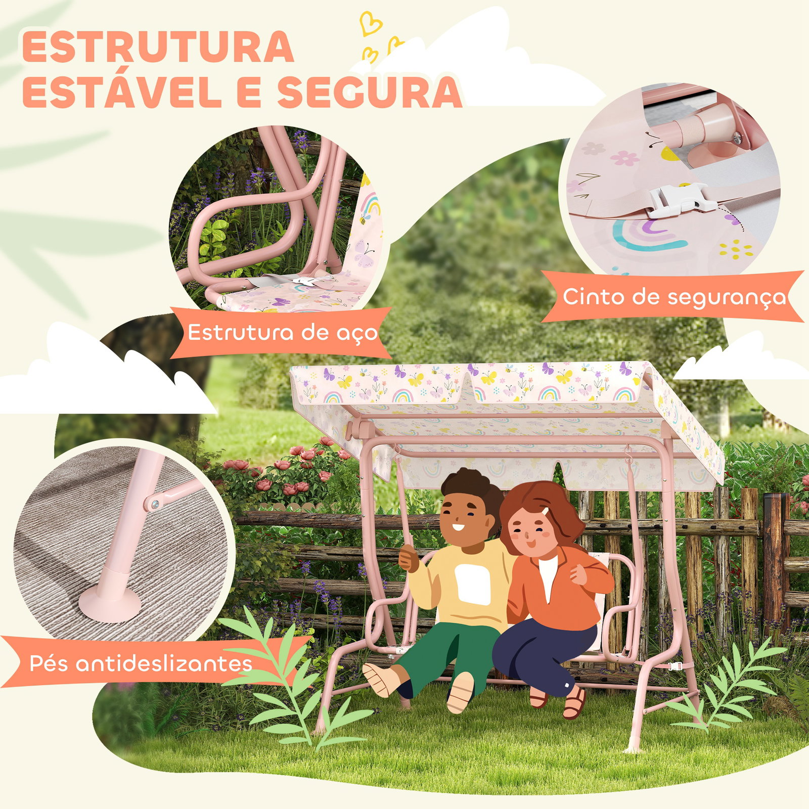 Baloiço de jardim para crianças com 2 lugares toldo ajustável cinto de segurança e desenho de borboletas 112x75x120 cm rosa
