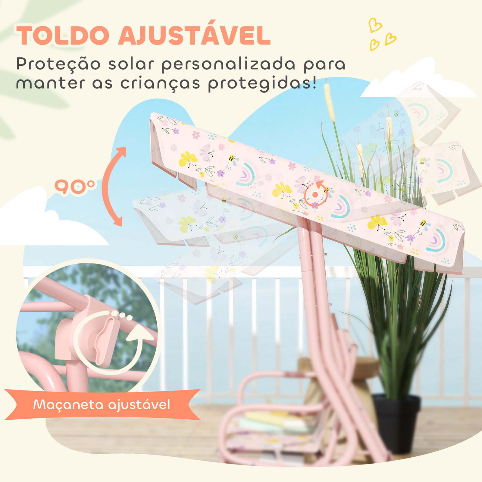 Baloiço de jardim para crianças com 2 lugares toldo ajustável cinto de segurança e desenho de borboletas 112x75x120 cm rosa