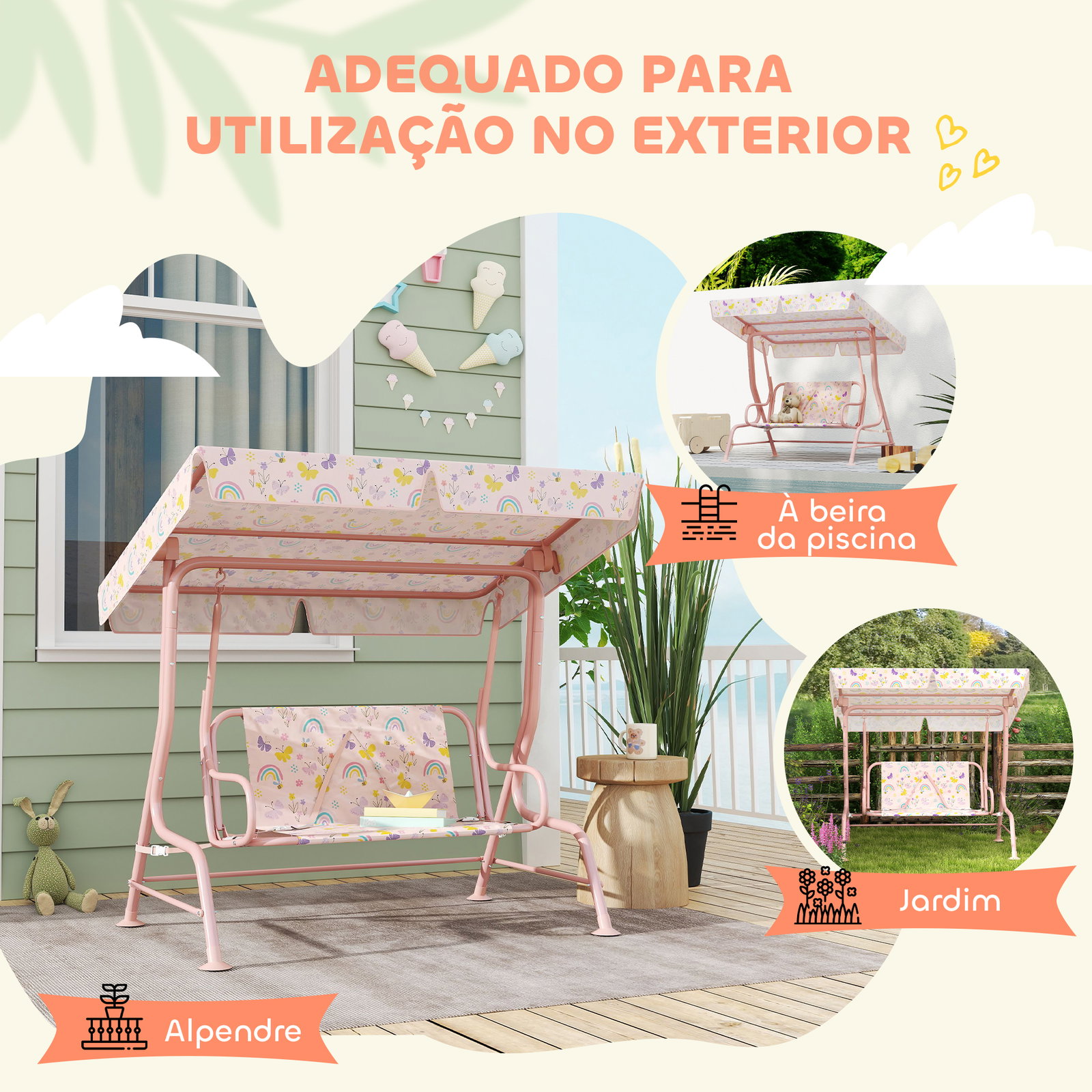 Baloiço de jardim para crianças com 2 lugares toldo ajustável cinto de segurança e desenho de borboletas 112x75x120 cm rosa