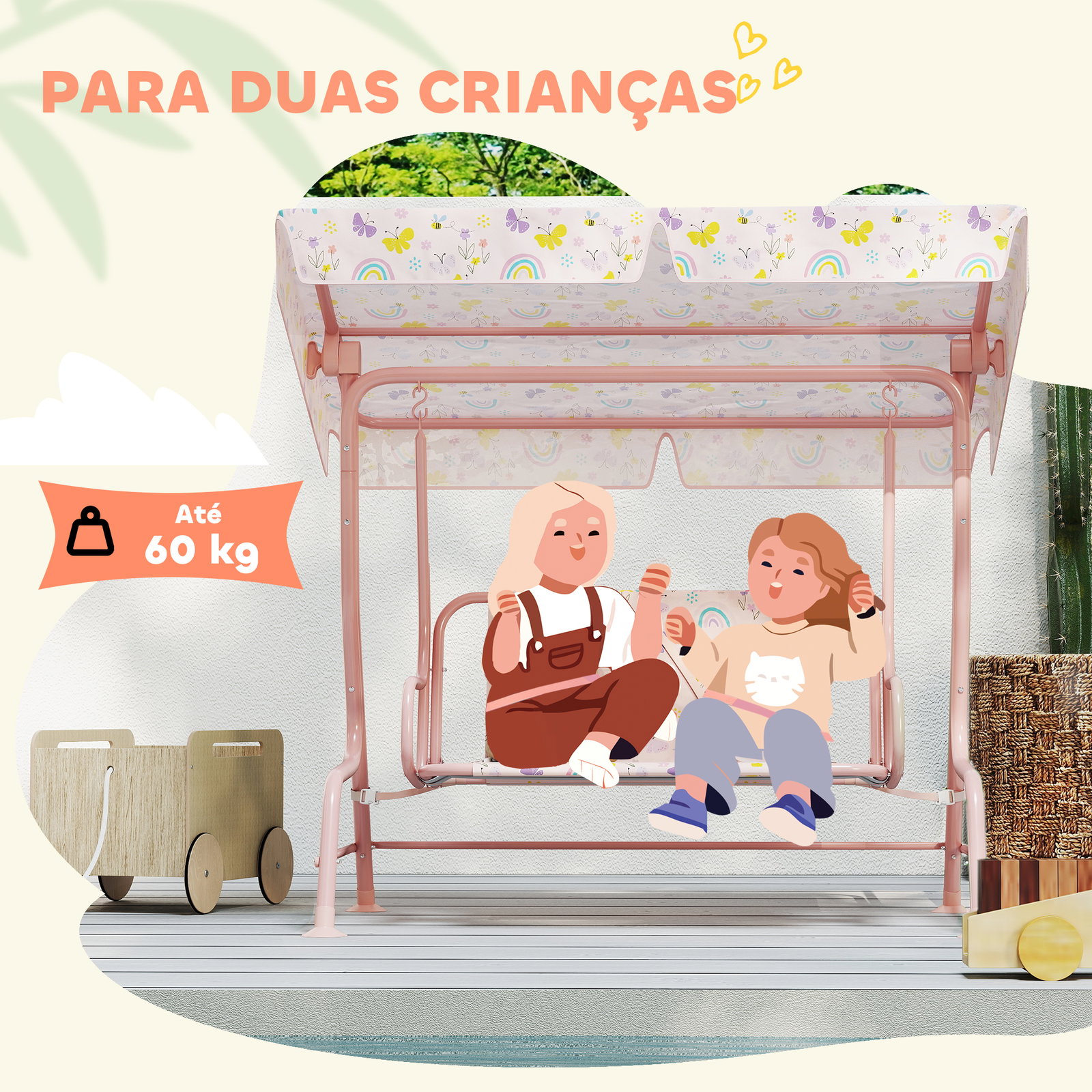 Baloiço de jardim para crianças com 2 lugares toldo ajustável cinto de segurança e desenho de borboletas 112x75x120 cm rosa