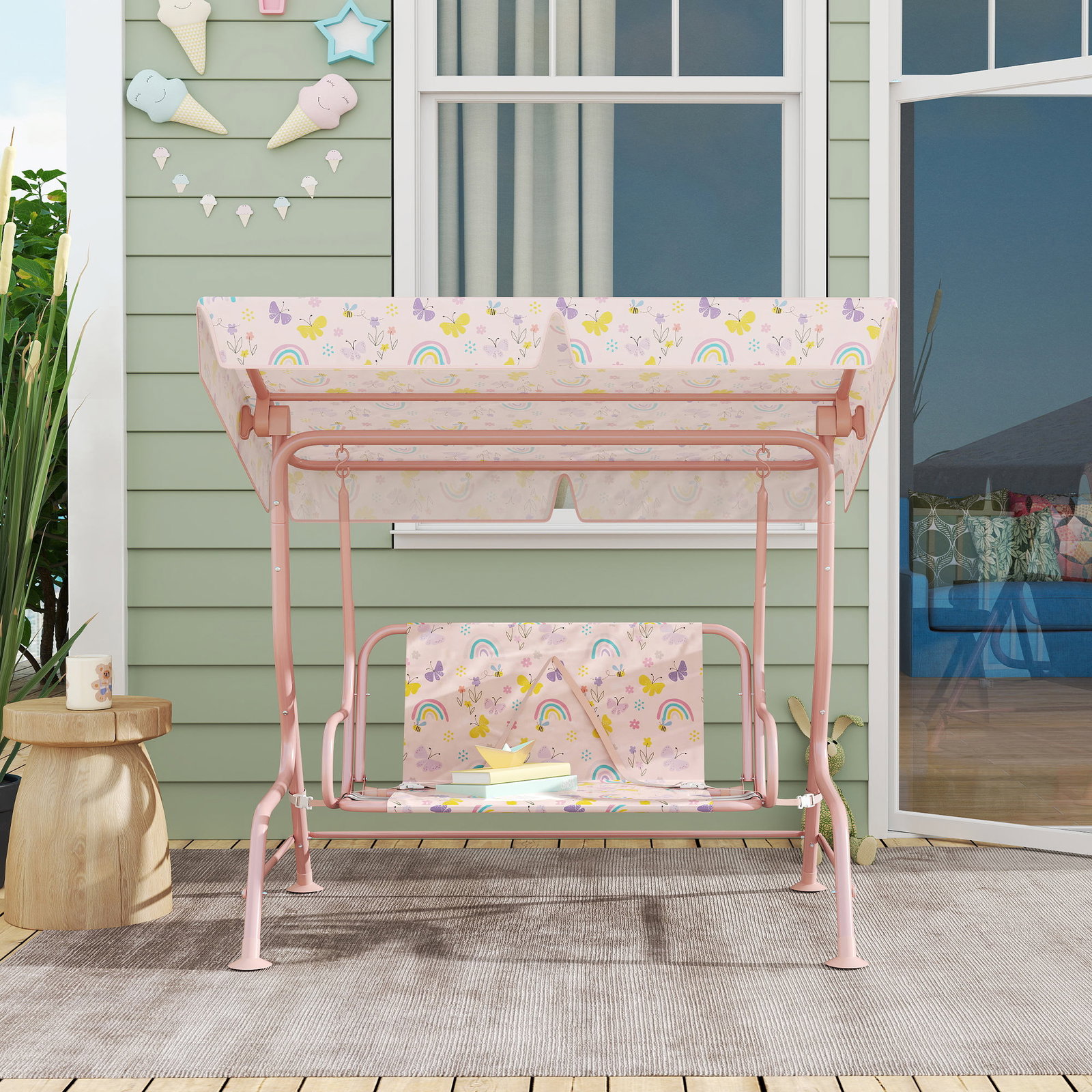 Baloiço de jardim para crianças com 2 lugares toldo ajustável cinto de segurança e desenho de borboletas 112x75x120 cm rosa