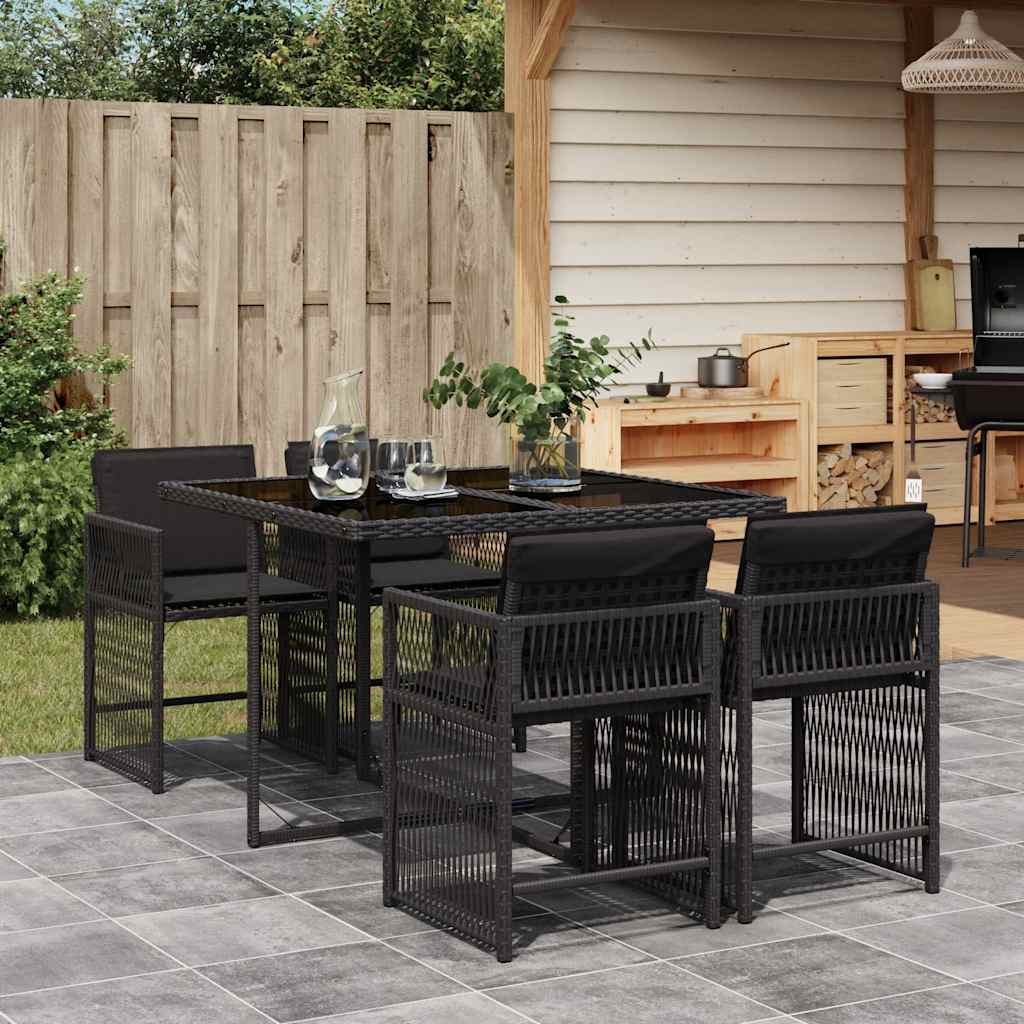 5 Pcs conjunto de jantar p/ jardim c/ almofadões vime PE preto