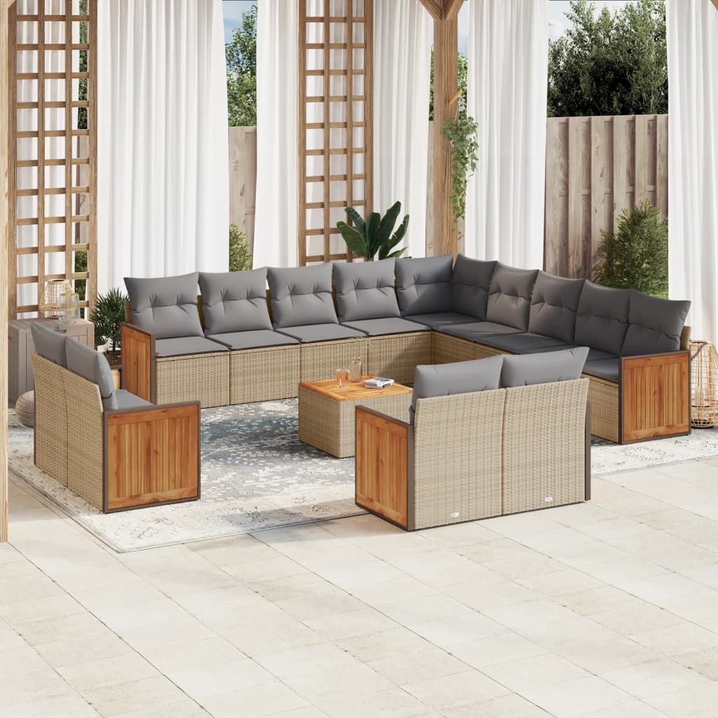 14 Pcs conjunto de sofás p/ jardim com almofadões vime PE bege