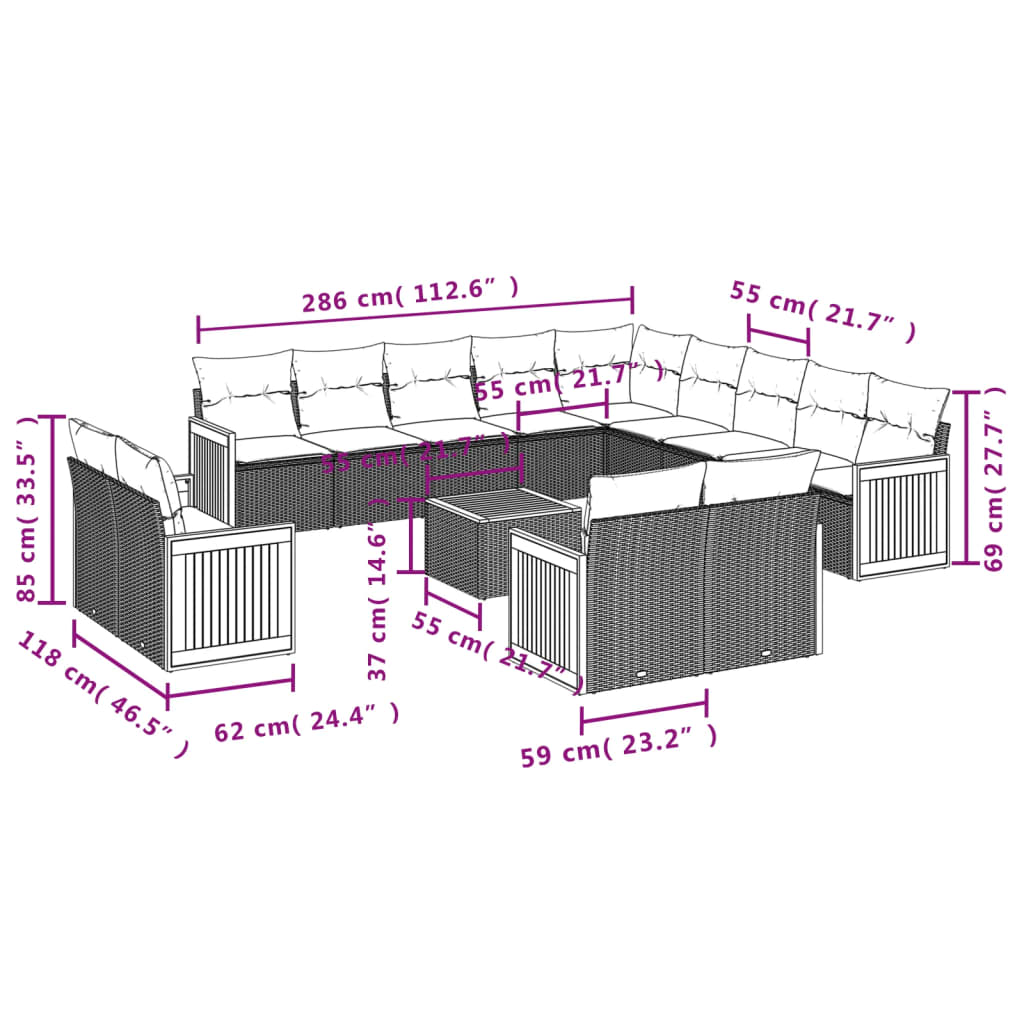 14 Pcs conjunto de sofás p/ jardim com almofadões vime PE bege