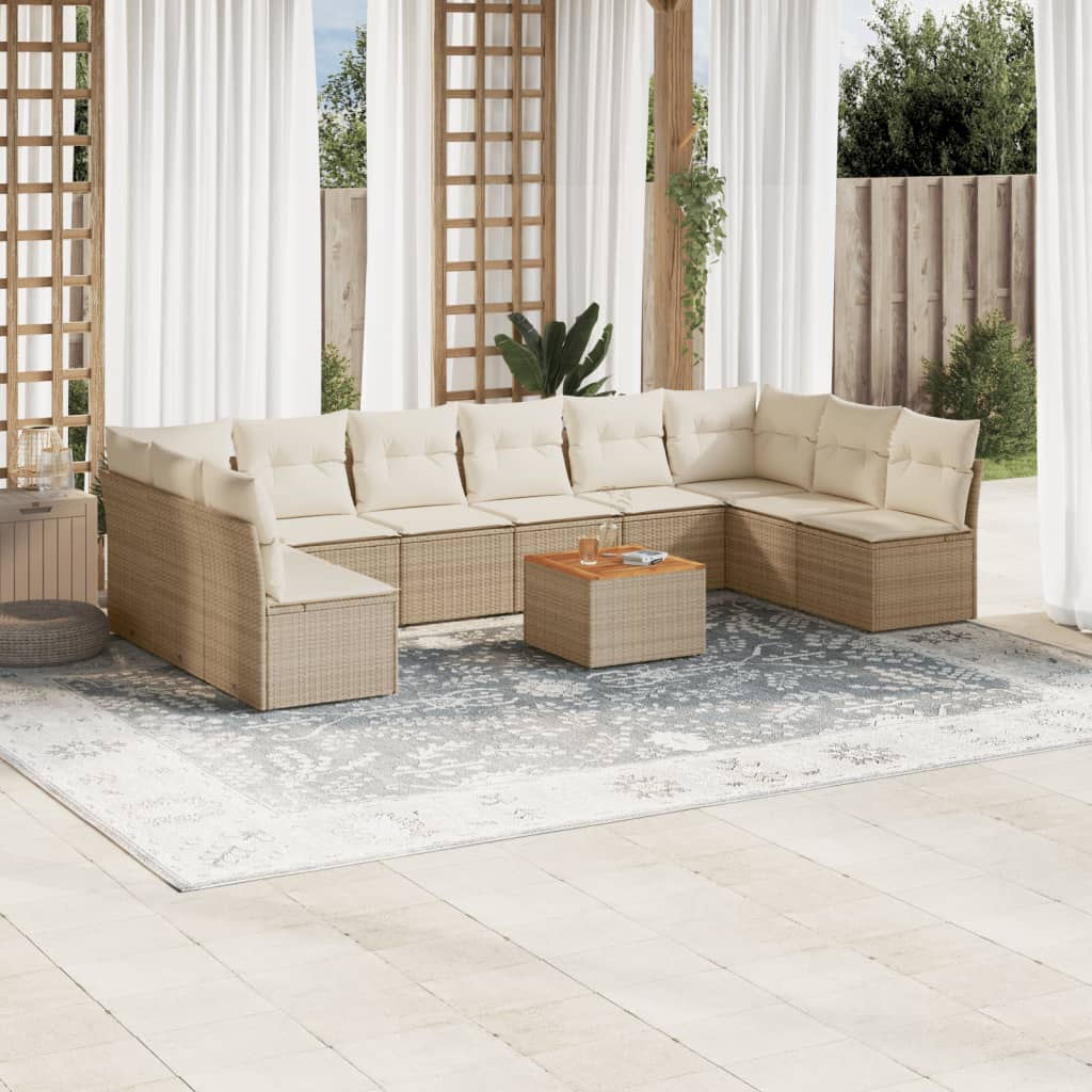 11 Pcs conjunto sofás de jardim c/ almofadões vime PE bege