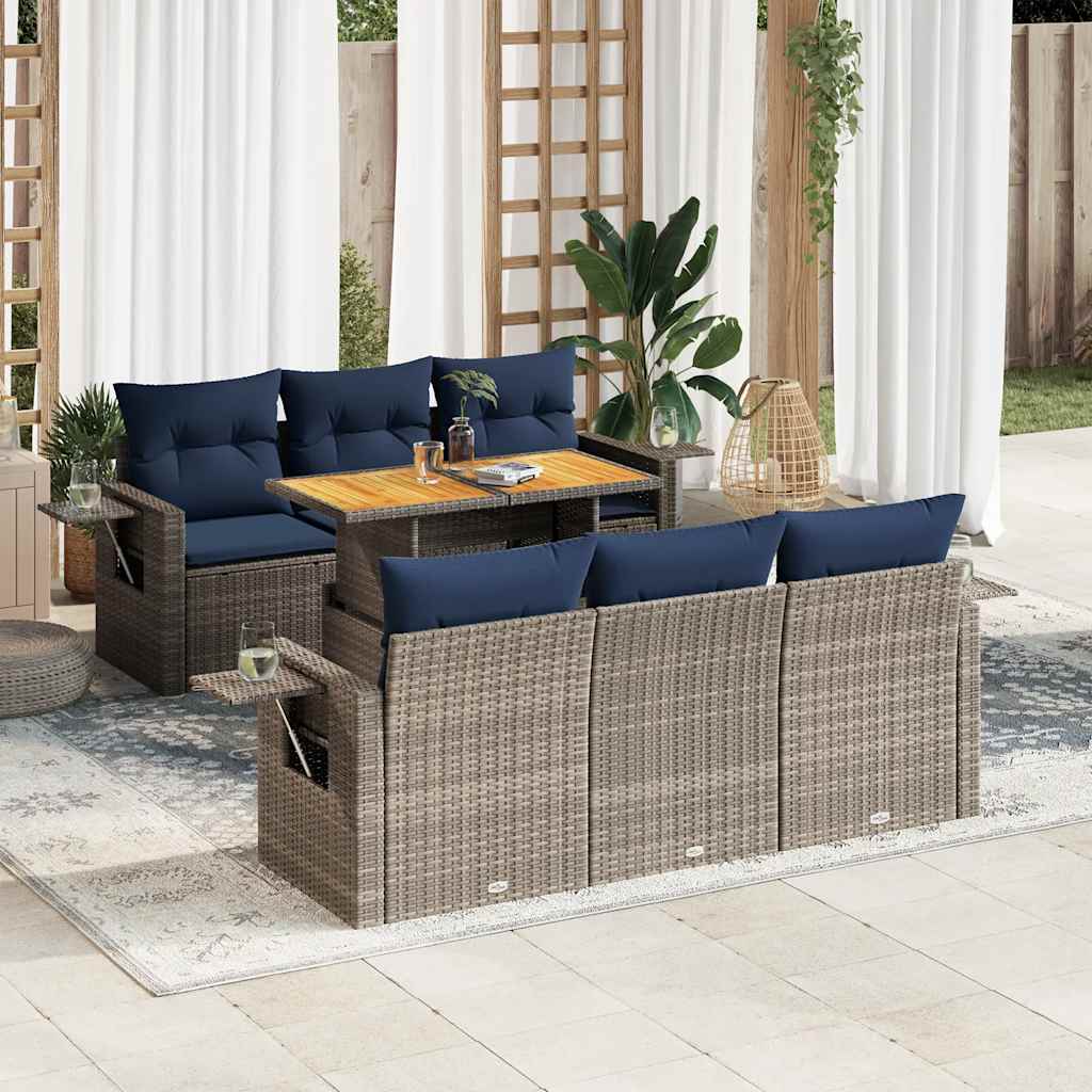 7 Pcs conjunto sofás p/ jardim c/ almofadões vime PE cinzento
