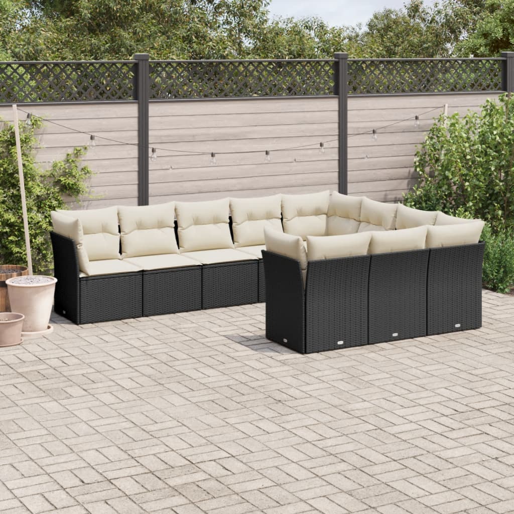 10 Pcs conjunto sofás de jardim c/ almofadões vime PE preto