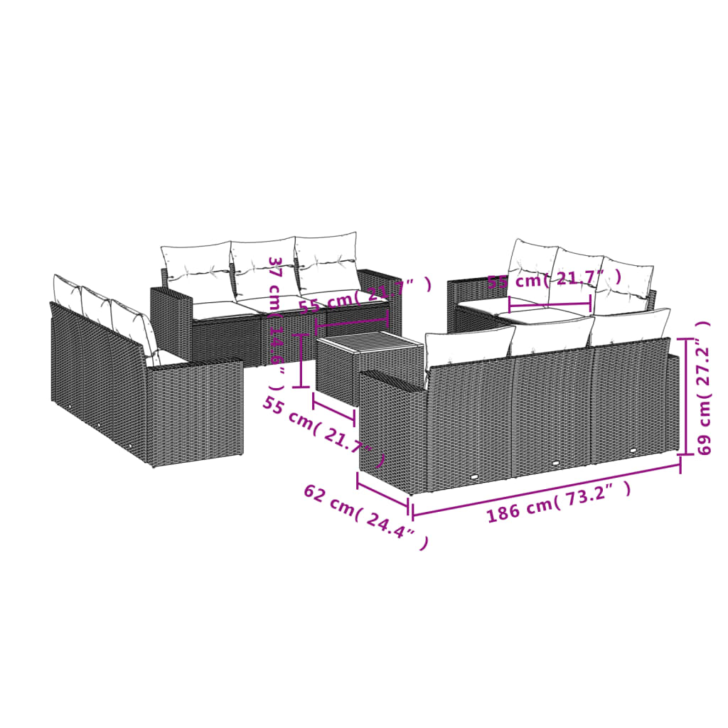 13 Pcs conjunto de sofás de jardim com almofadões vime PE preto