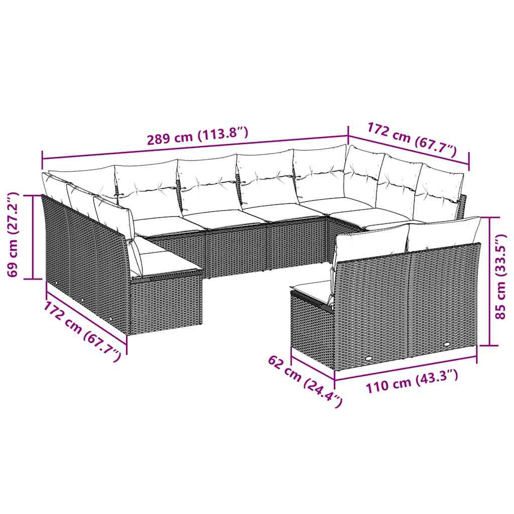 11 Pcs conjunto sofás de jardim c/ almofadões vime PE castanho