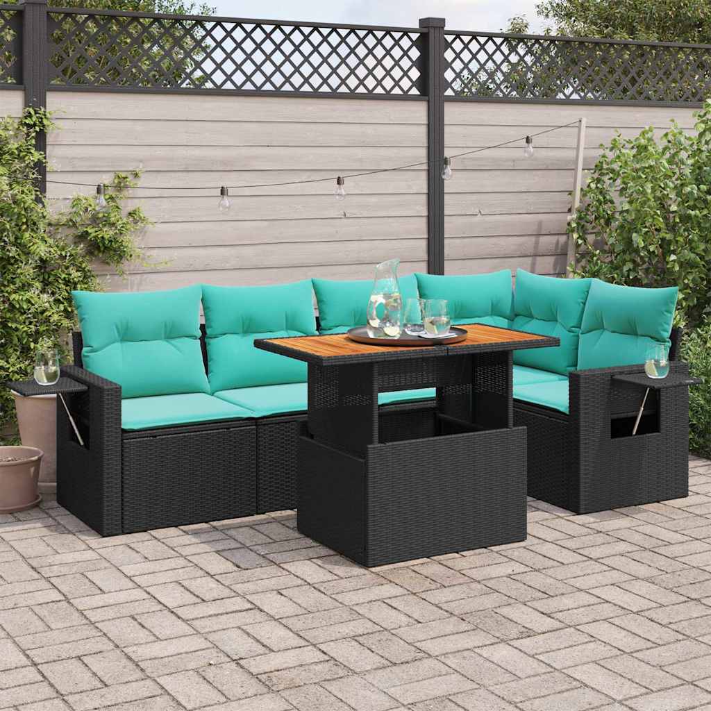 6 Pcs conjunto sofás de jardim c/ almofadões vime PE preto
