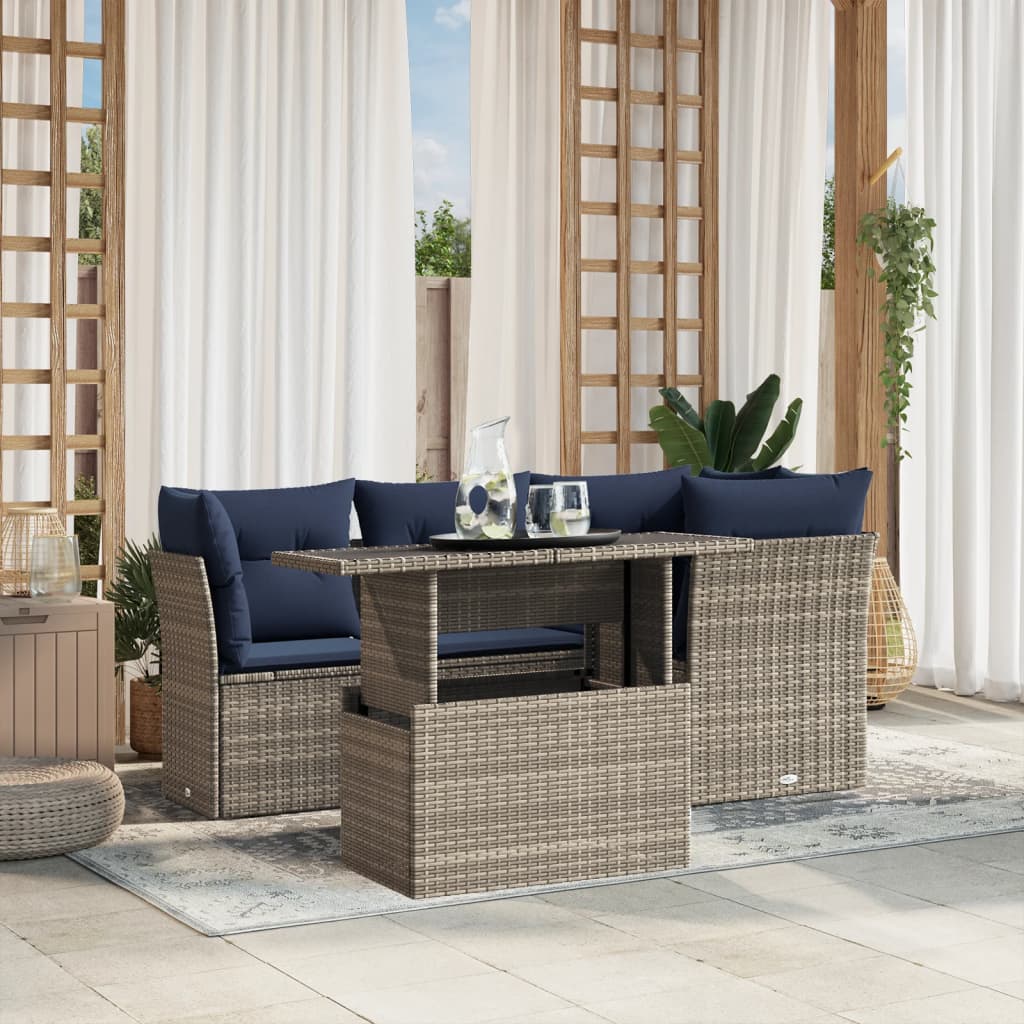 Conjunto de sofá de jardim de 5 peças com almofadas em rattan sintético cinza
