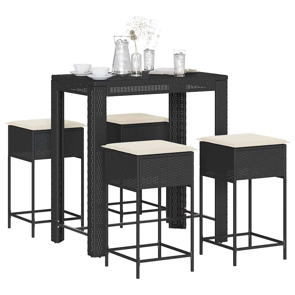 5 Pcs conjunto de bar p/ jardim c/ almofadões vime PE preto