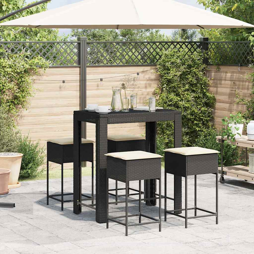 5 Pcs conjunto de bar p/ jardim c/ almofadões vime PE preto