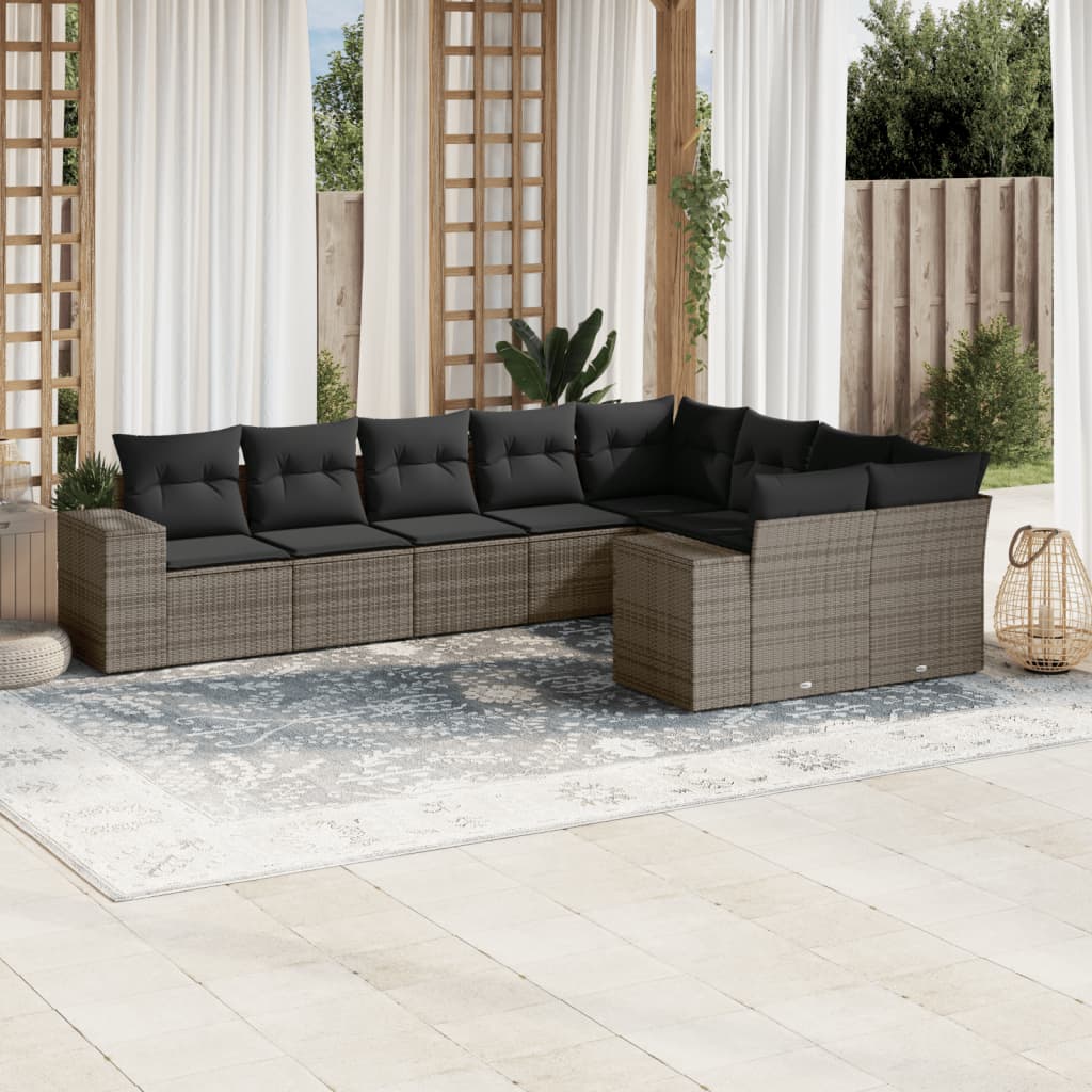 9 Pcs conjunto sofás p/ jardim com almofadões vime PE cinzento