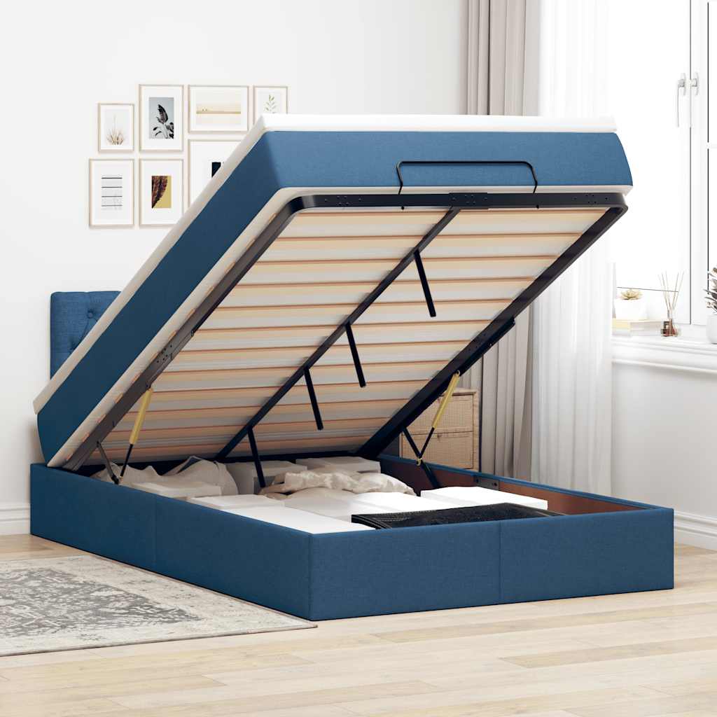 Estrutura de cama otomana com colchão 120x190 cm tecido azul