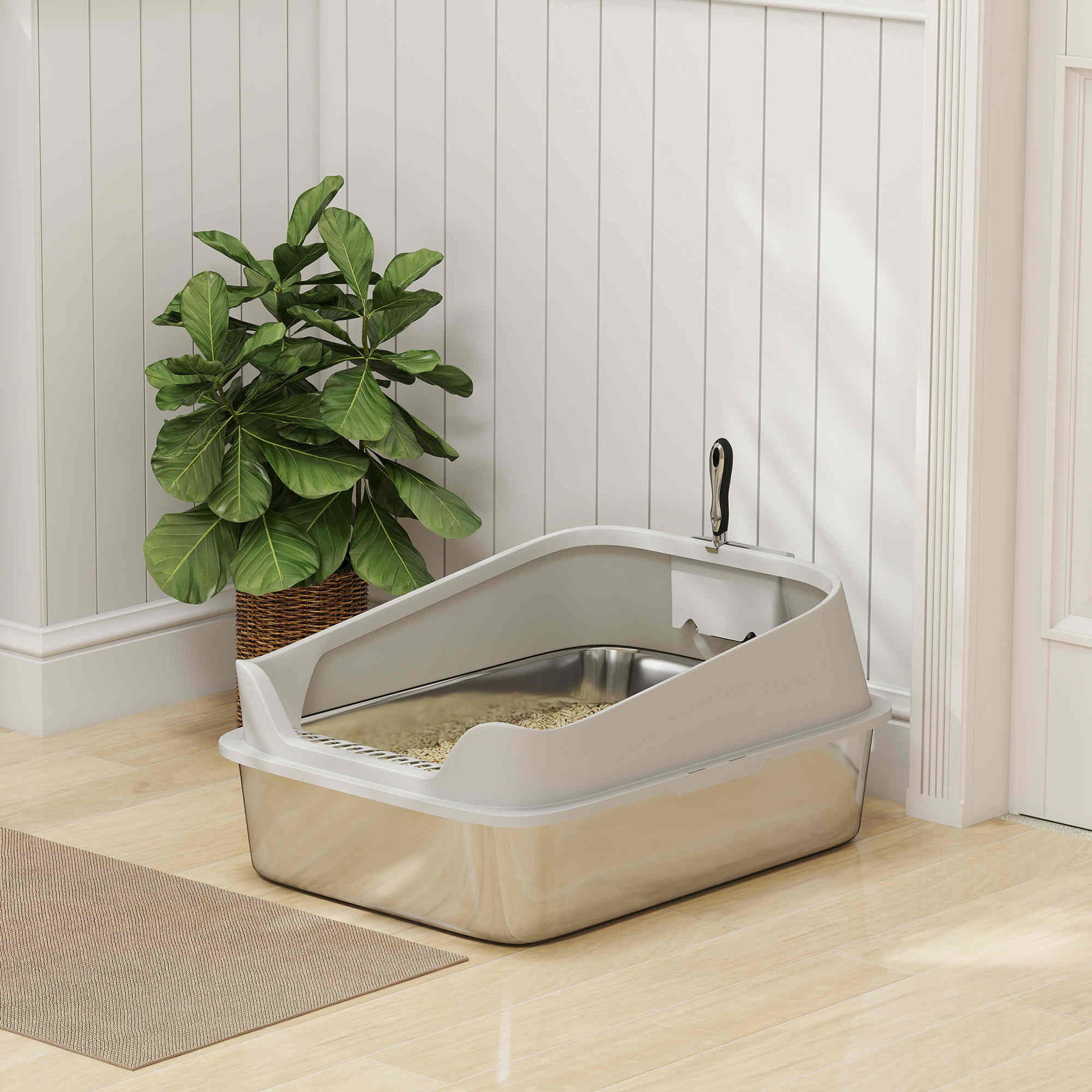 Caixa de areia para gatos em aço inoxidável xxl com borda alta pá fácil de limpar à prova de fugas 70x50x30 cm cinzento