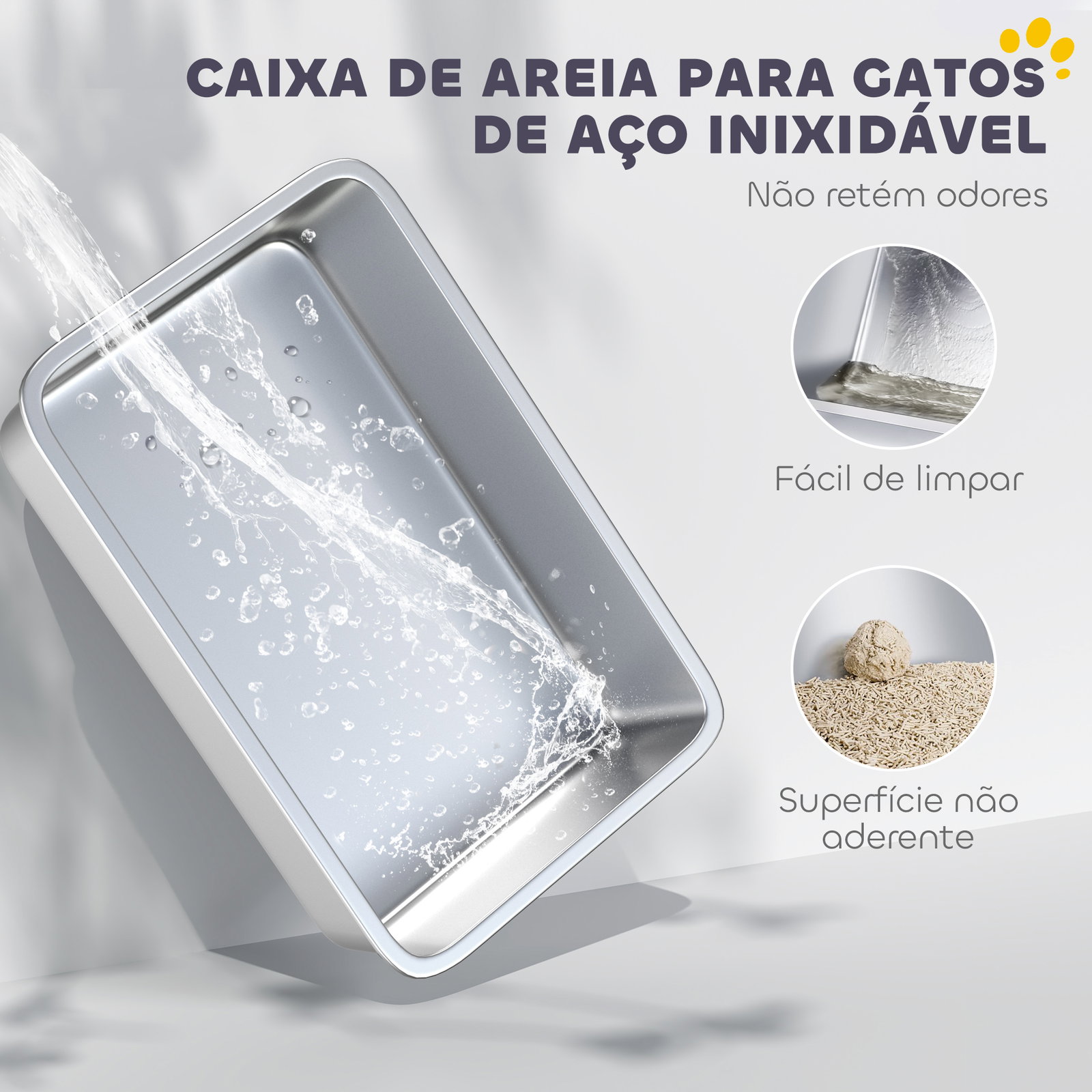 Caixa de areia para gatos em aço inoxidável xxl com borda alta pá fácil de limpar à prova de fugas 70x50x30 cm cinzento