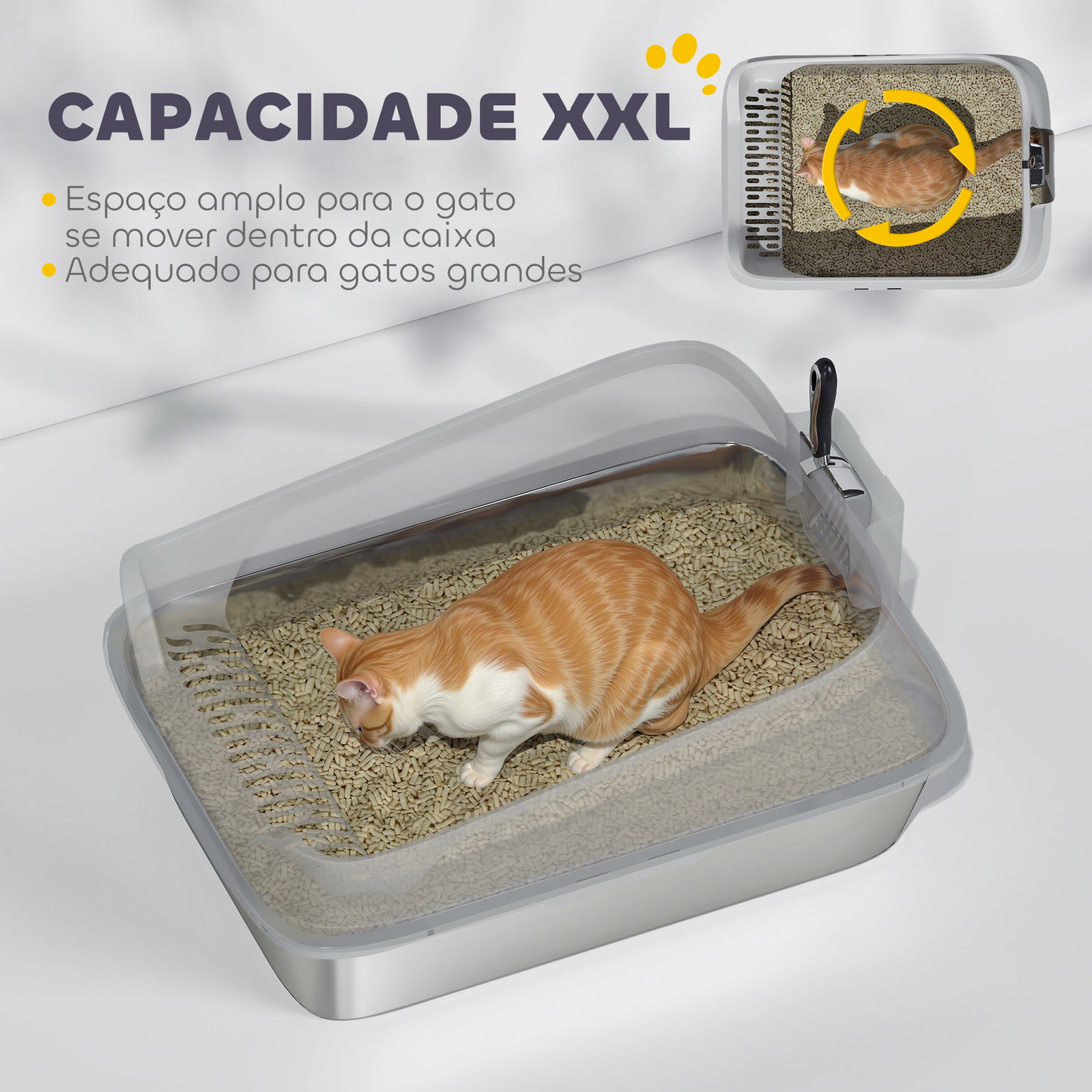 Caixa de areia para gatos em aço inoxidável xxl com borda alta pá fácil de limpar à prova de fugas 70x50x30 cm cinzento