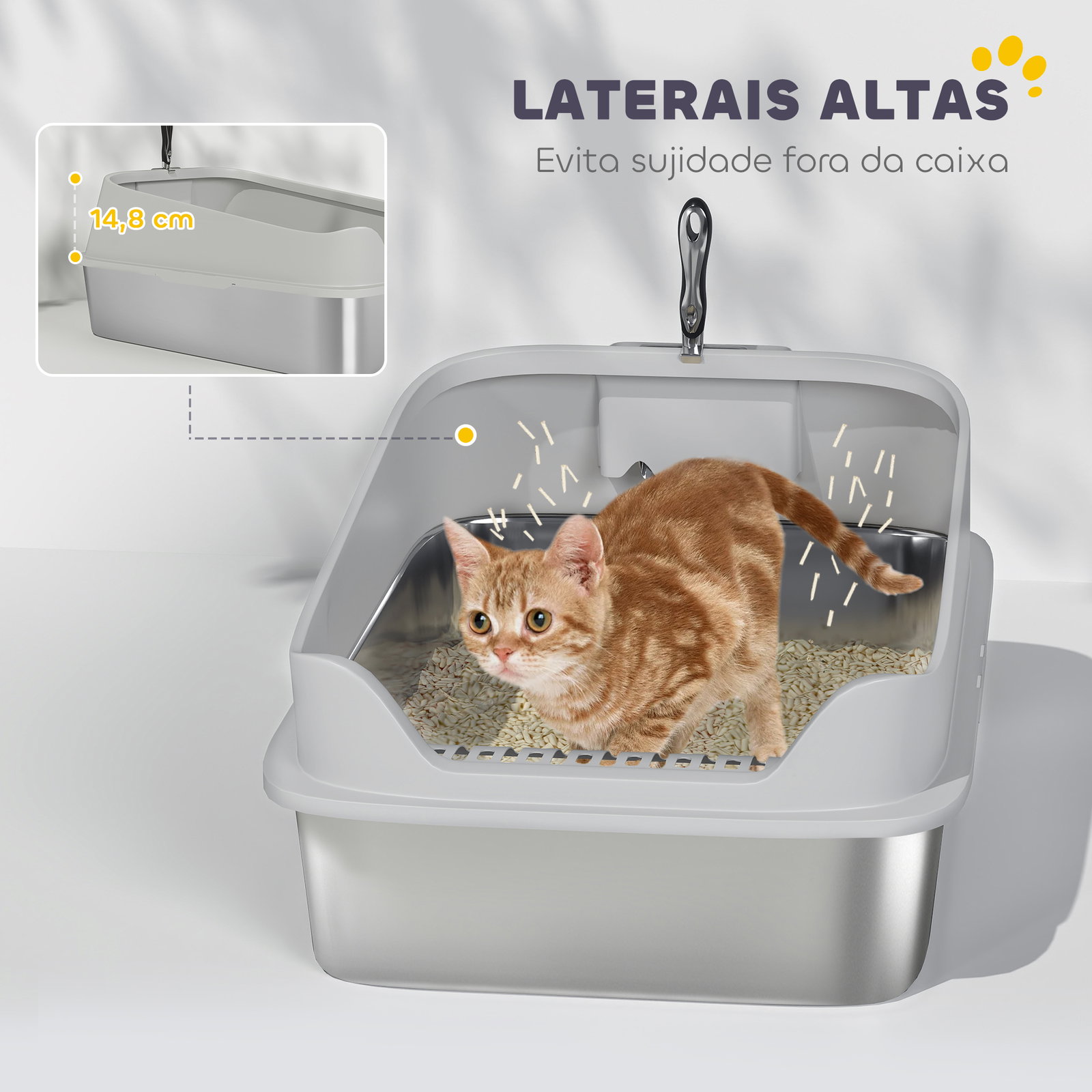 Caixa de areia para gatos em aço inoxidável xxl com borda alta pá fácil de limpar à prova de fugas 70x50x30 cm cinzento