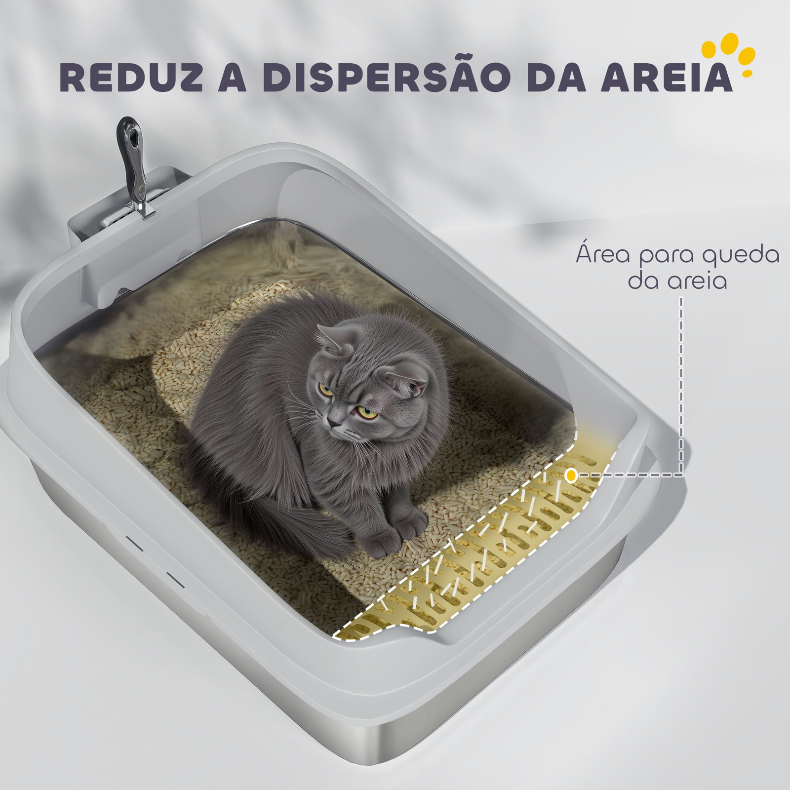 Caixa de areia para gatos em aço inoxidável xxl com borda alta pá fácil de limpar à prova de fugas 70x50x30 cm cinzento