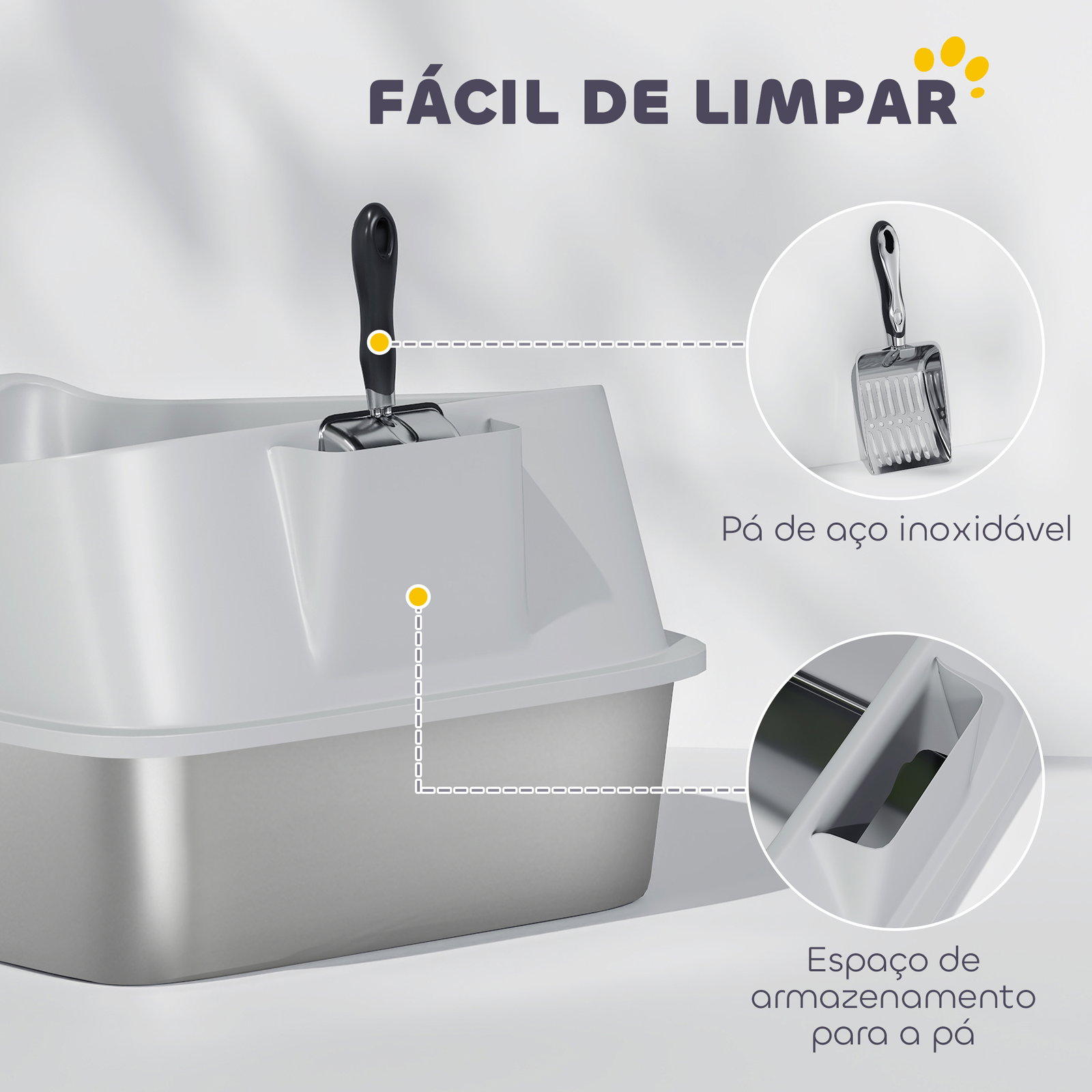Caixa de areia para gatos em aço inoxidável xxl com borda alta pá fácil de limpar à prova de fugas 70x50x30 cm cinzento
