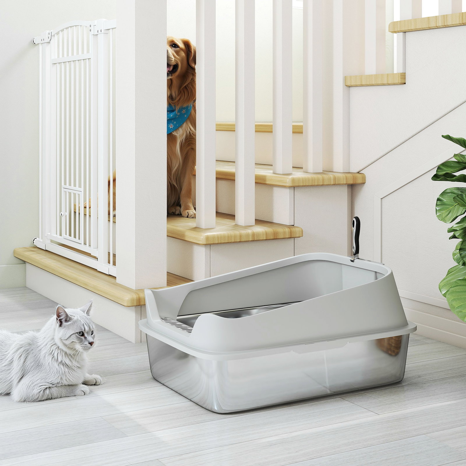 Caixa de areia para gatos em aço inoxidável xxl com borda alta pá fácil de limpar à prova de fugas 70x50x30 cm cinzento