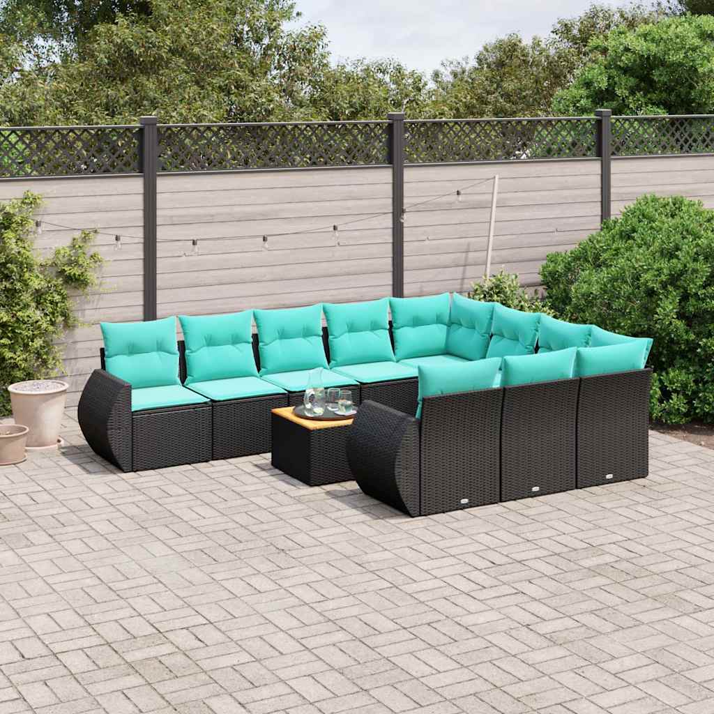 Conjunto de sofá de jardim com 11 peças e almofadas em rattan sintético preto