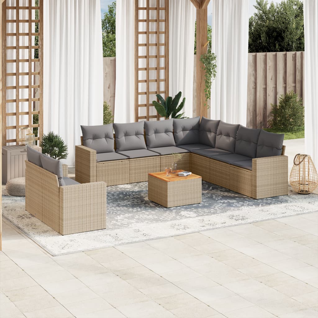 10 Pcs conjunto de sofás p/ jardim com almofadões vime PE bege