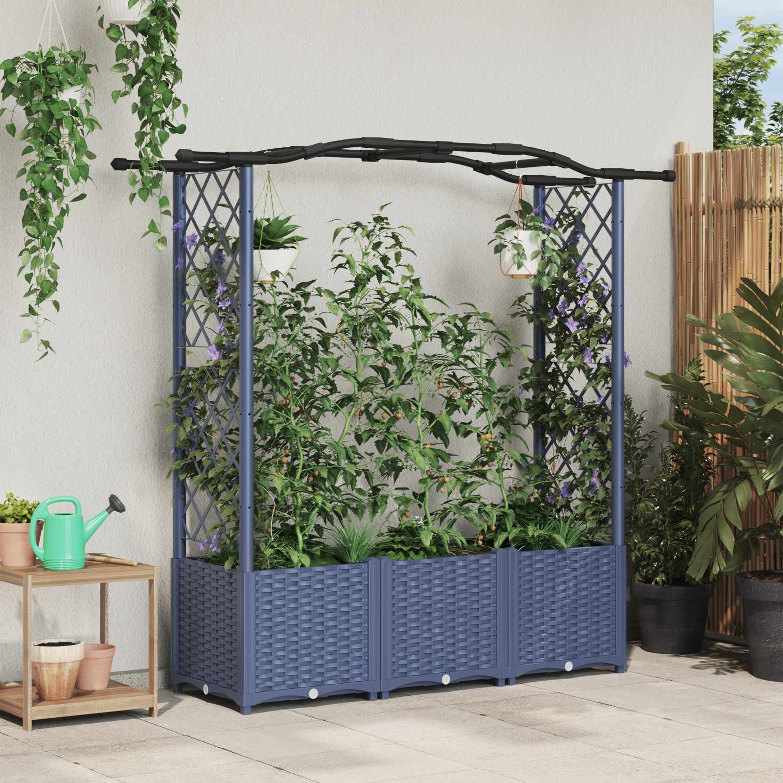Cama elevada com treliça e telhado cinzento 164 x 40 x 138 cm