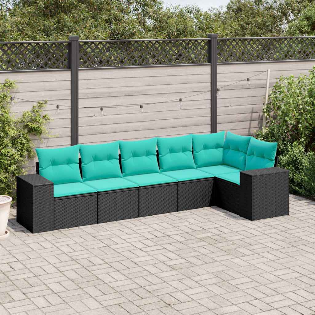 Conjunto de sofá de jardim com 6 peças e almofadas em rattan sintético preto