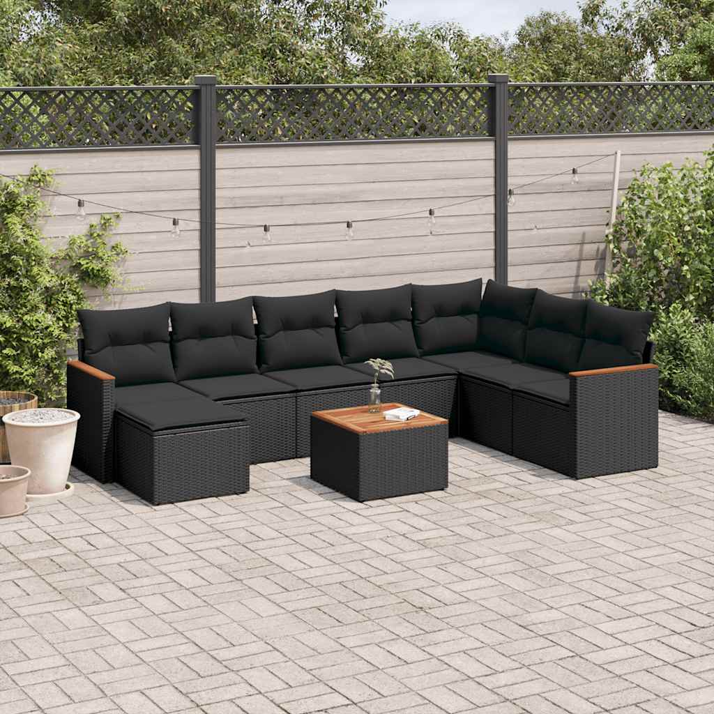 9 Pcs conjunto de sofás p/ jardim c/ almofadões vime PE preto