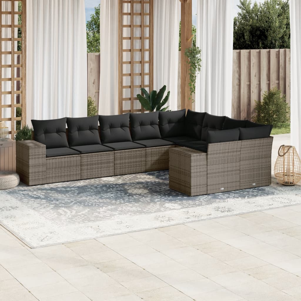 9 Pcs conjunto sofás p/ jardim com almofadões vime PE cinzento