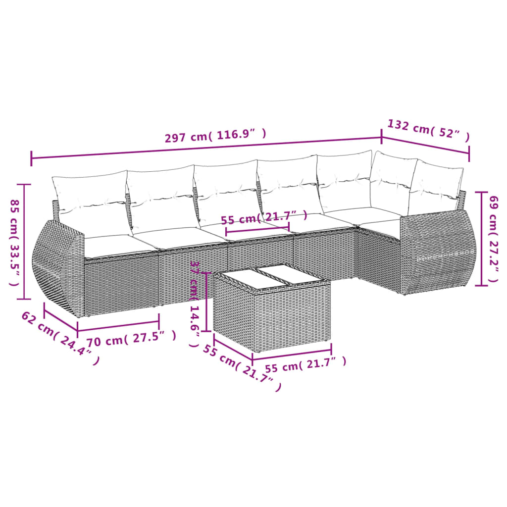 7 Pcs conjunto de sofás p/ jardim c/ almofadões vime PE preto