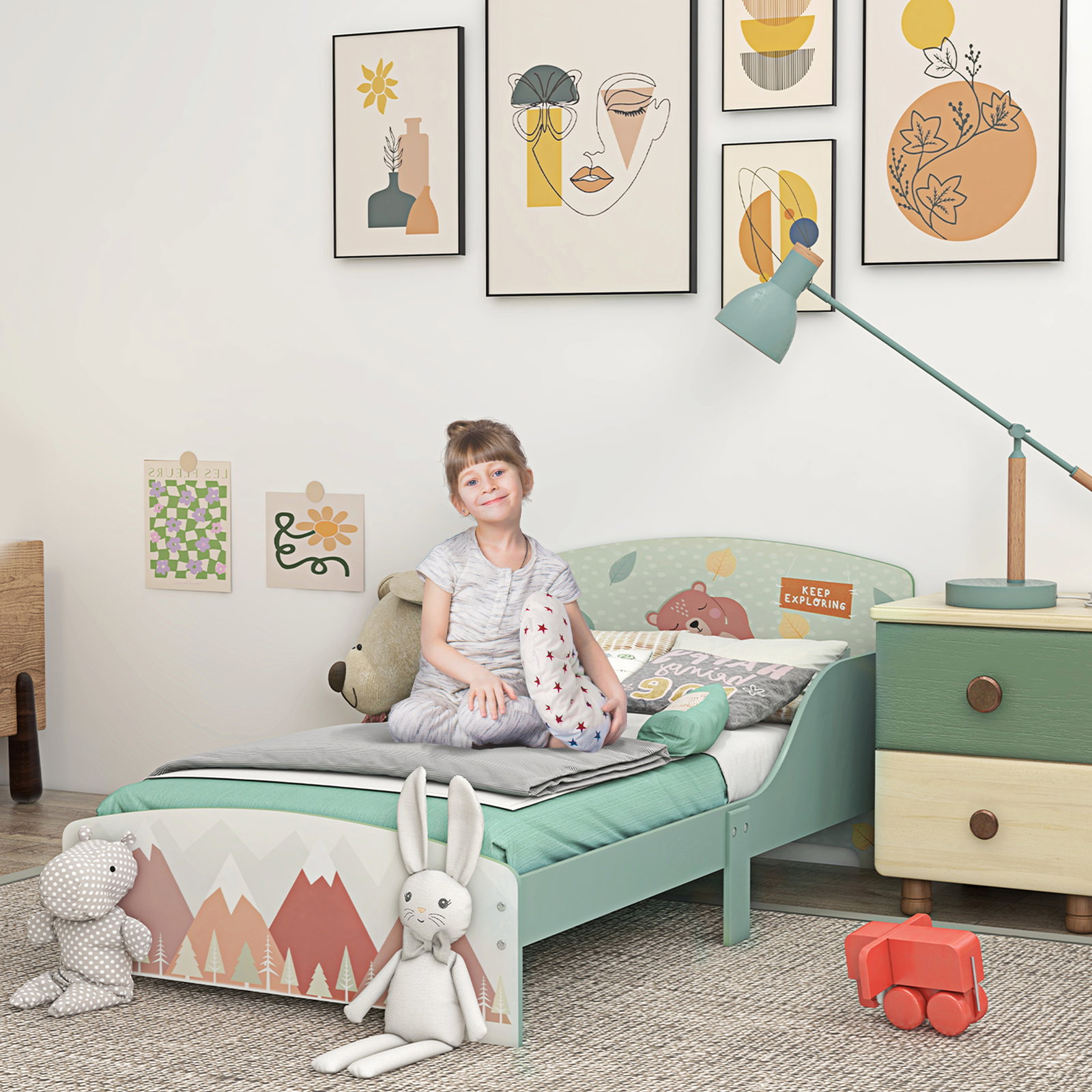 Cama para crianças de madeira com barreira de proteção e estampados carga máx. 40 kg 77x143x60 cm verde