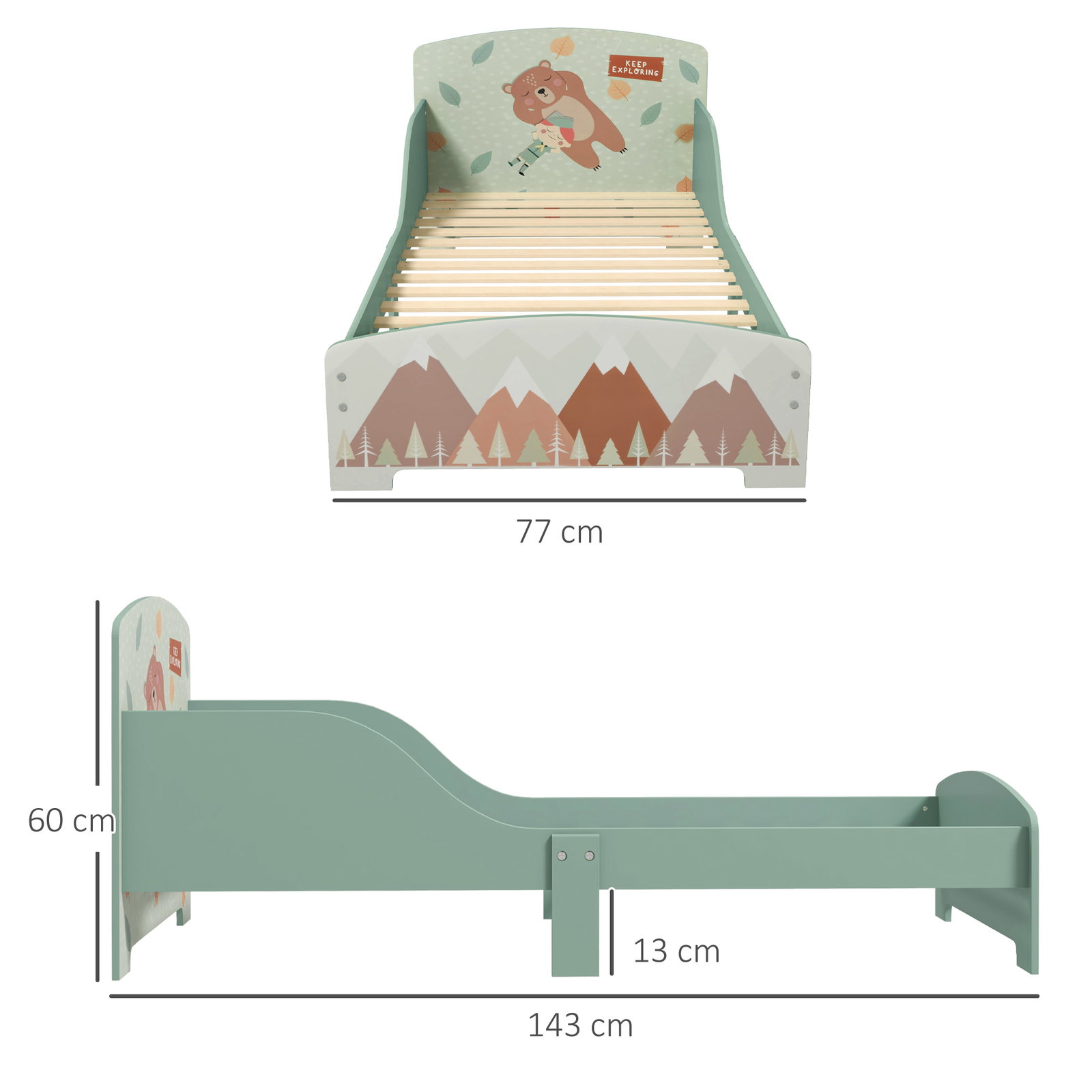 Cama para crianças de madeira com barreira de proteção e estampados carga máx. 40 kg 77x143x60 cm verde