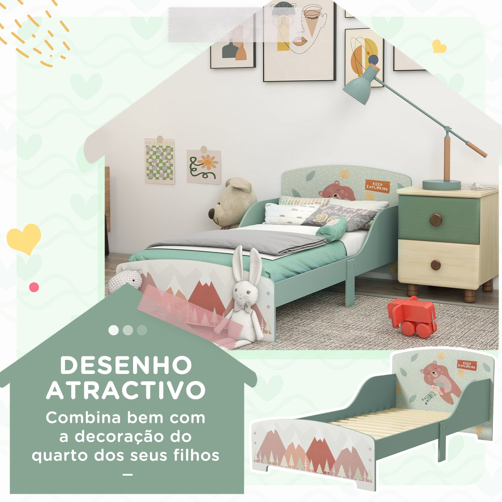 Cama para crianças de madeira com barreira de proteção e estampados carga máx. 40 kg 77x143x60 cm verde