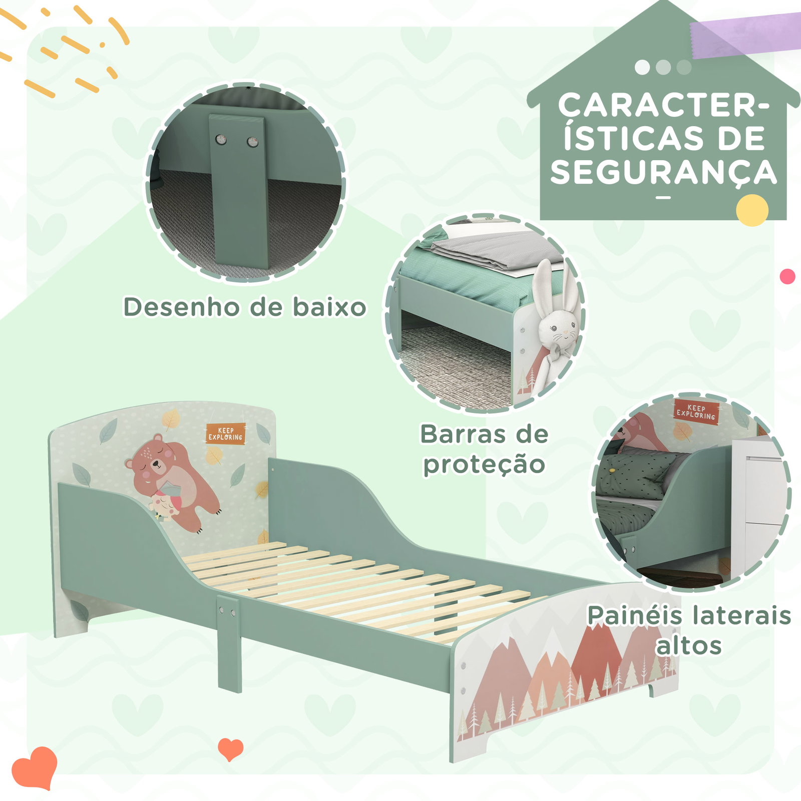 Cama para crianças de madeira com barreira de proteção e estampados carga máx. 40 kg 77x143x60 cm verde