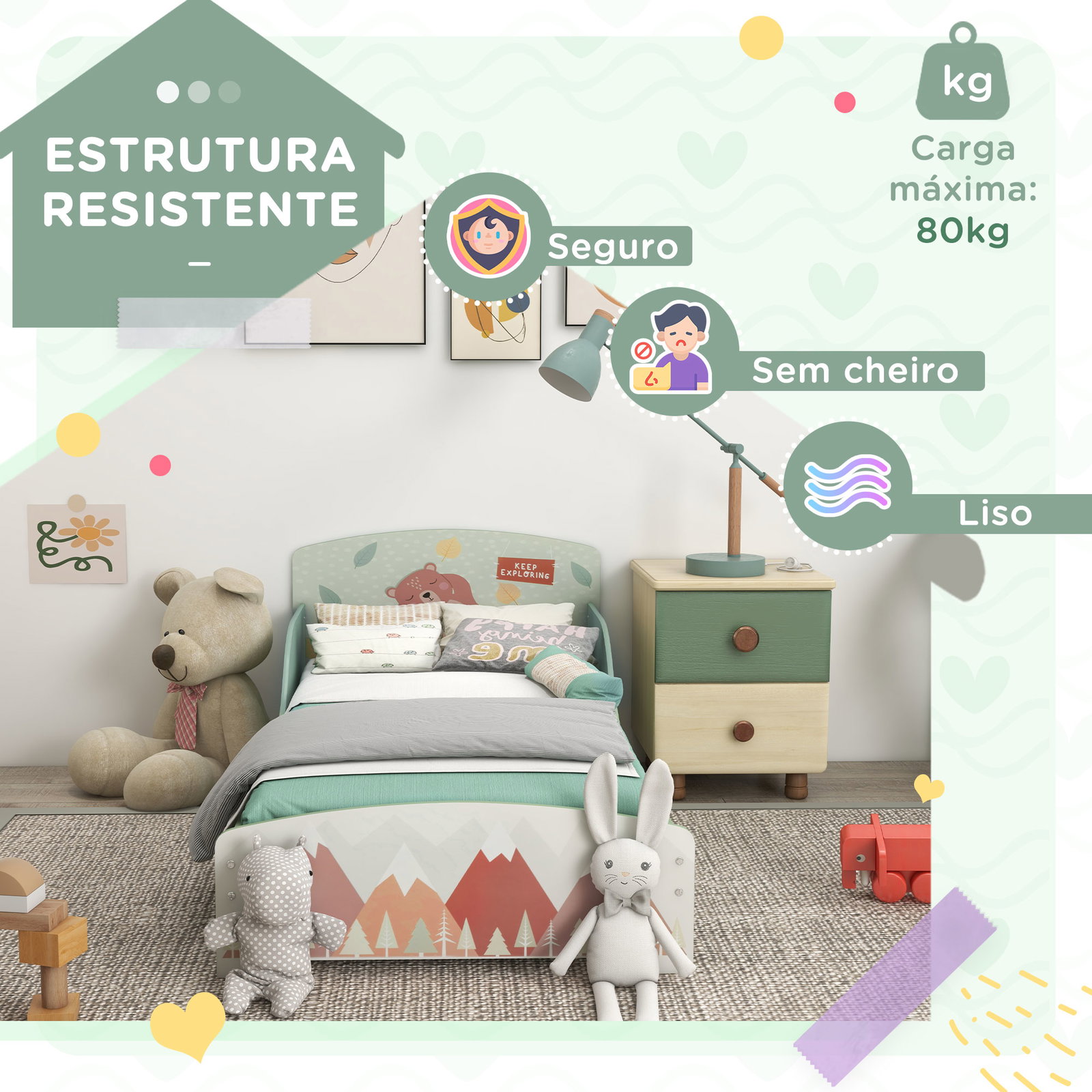 Cama para crianças de madeira com barreira de proteção e estampados carga máx. 40 kg 77x143x60 cm verde