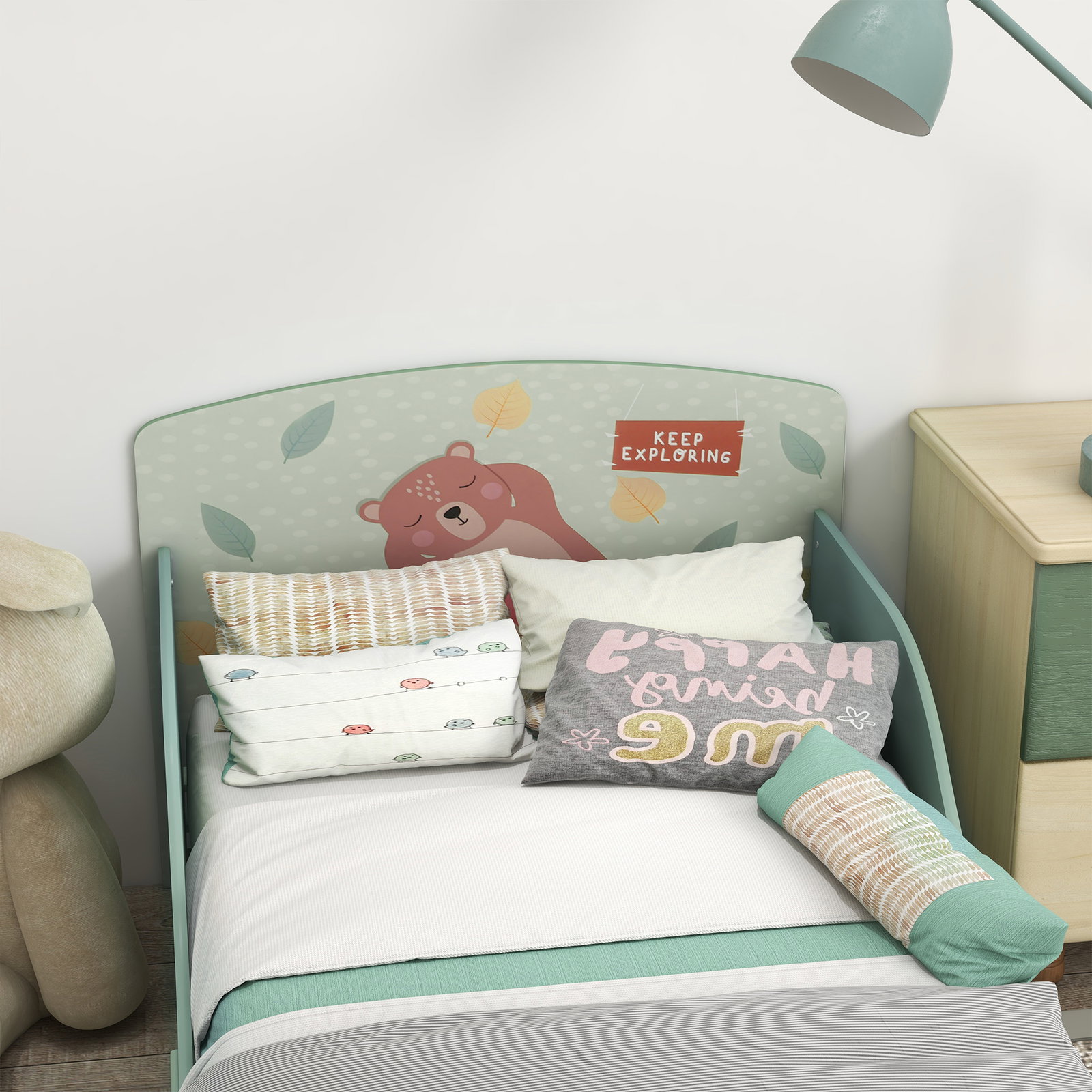 Cama para crianças de madeira com barreira de proteção e estampados carga máx. 40 kg 77x143x60 cm verde