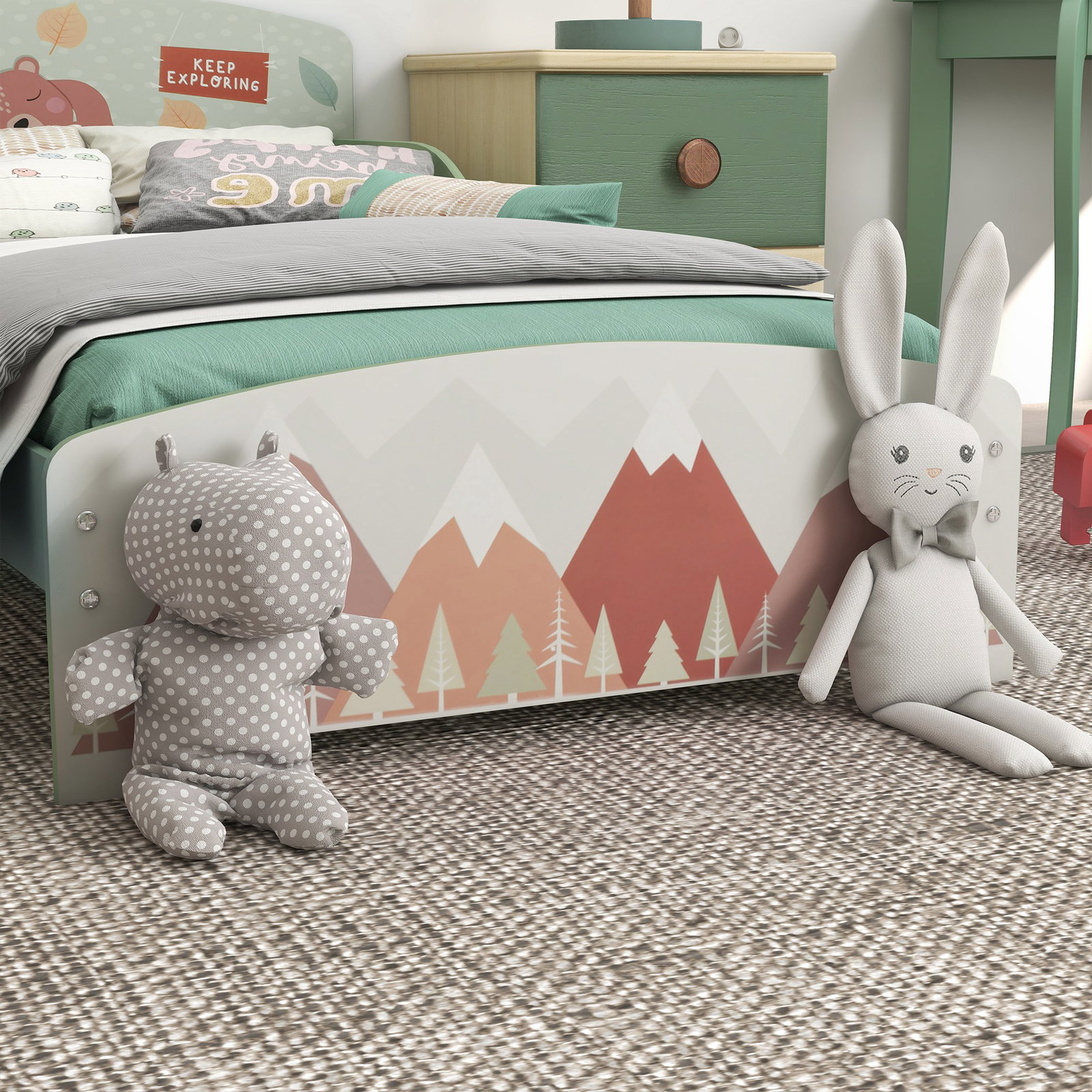 Cama para crianças de madeira com barreira de proteção e estampados carga máx. 40 kg 77x143x60 cm verde