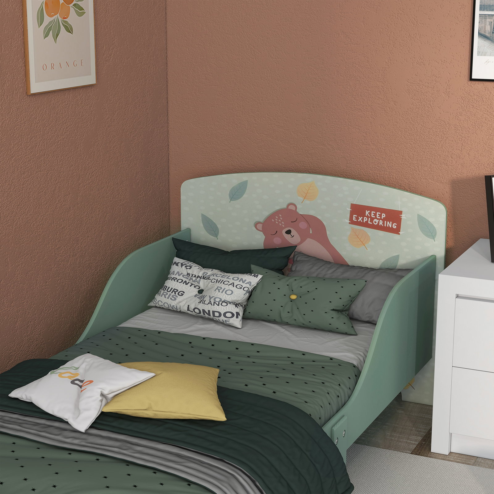 Cama para crianças de madeira com barreira de proteção e estampados carga máx. 40 kg 77x143x60 cm verde