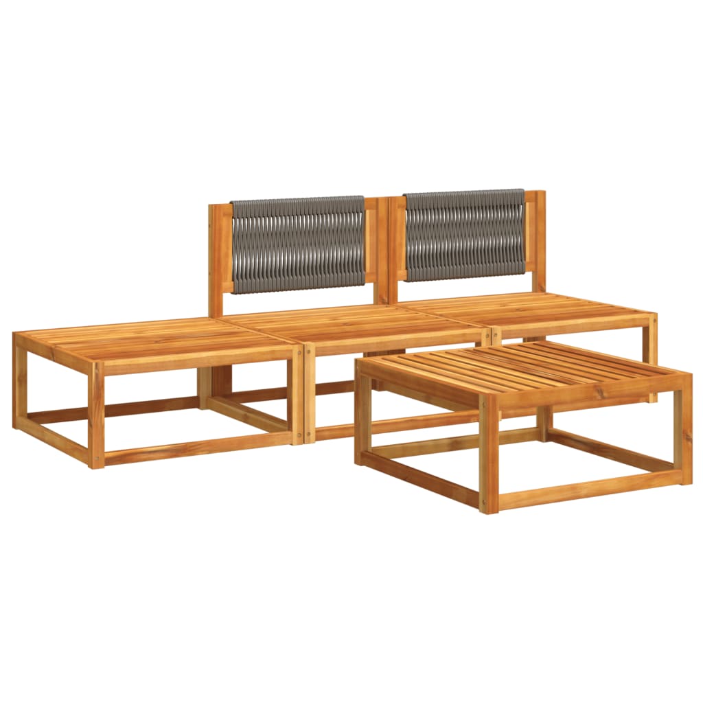 Conjunto de sofás de jardim de 4 peças com almofadas de madeira de acácia e corda