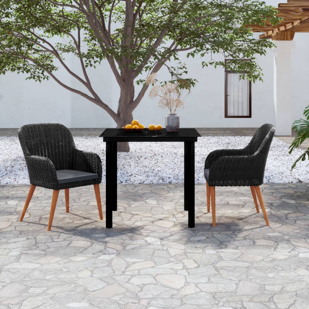 3 Pcs conjunto de jantar para jardim com almofadões preto