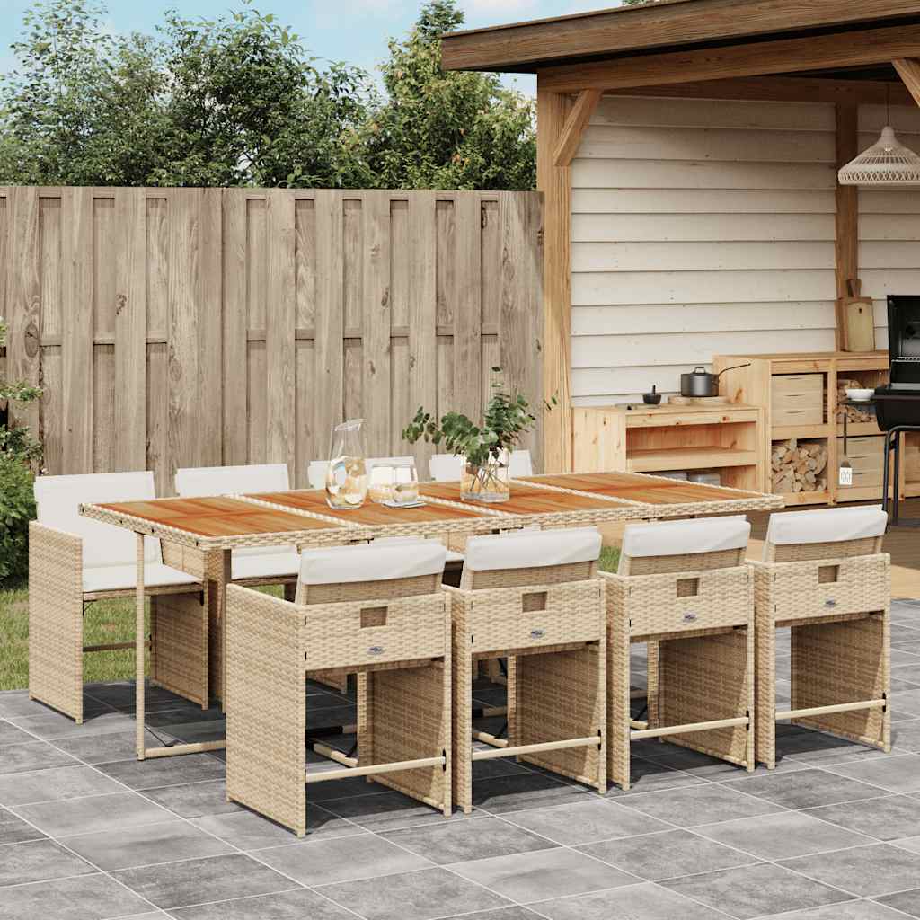 9 Pcs conjunto de jantar p/ jardim com almofadões vime PE bege