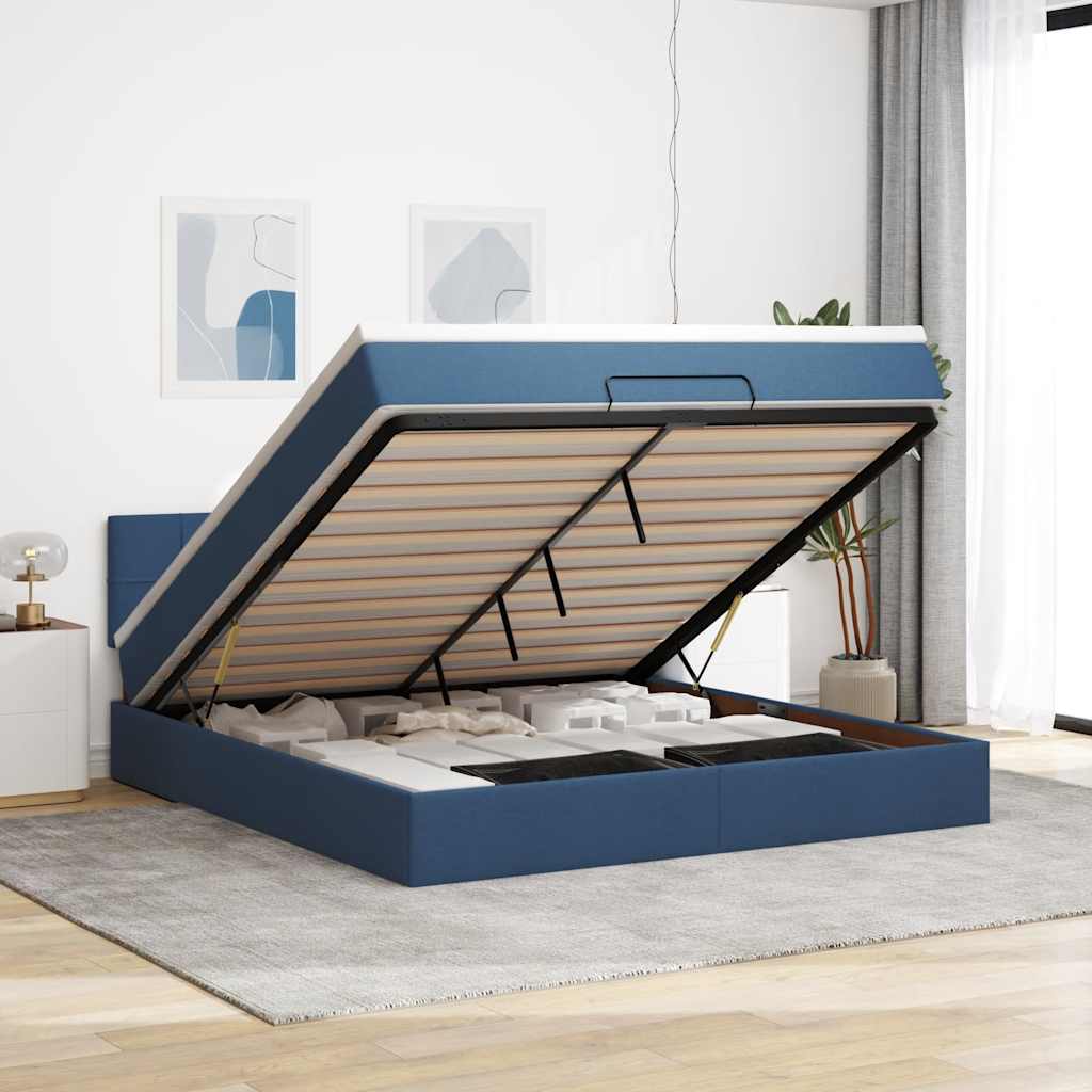Cama otomana com colchão & leds 180x200cm tecido azul