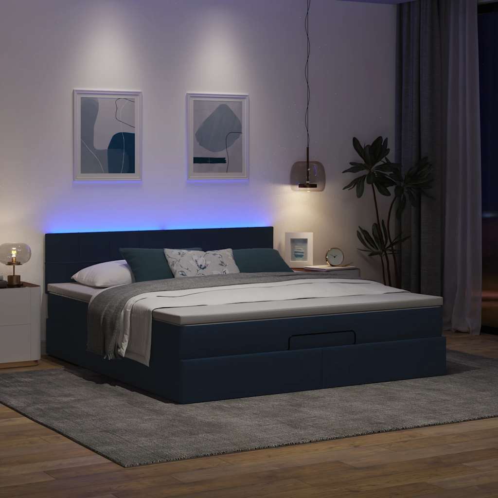 Cama otomana com colchão & leds 180x200cm tecido azul