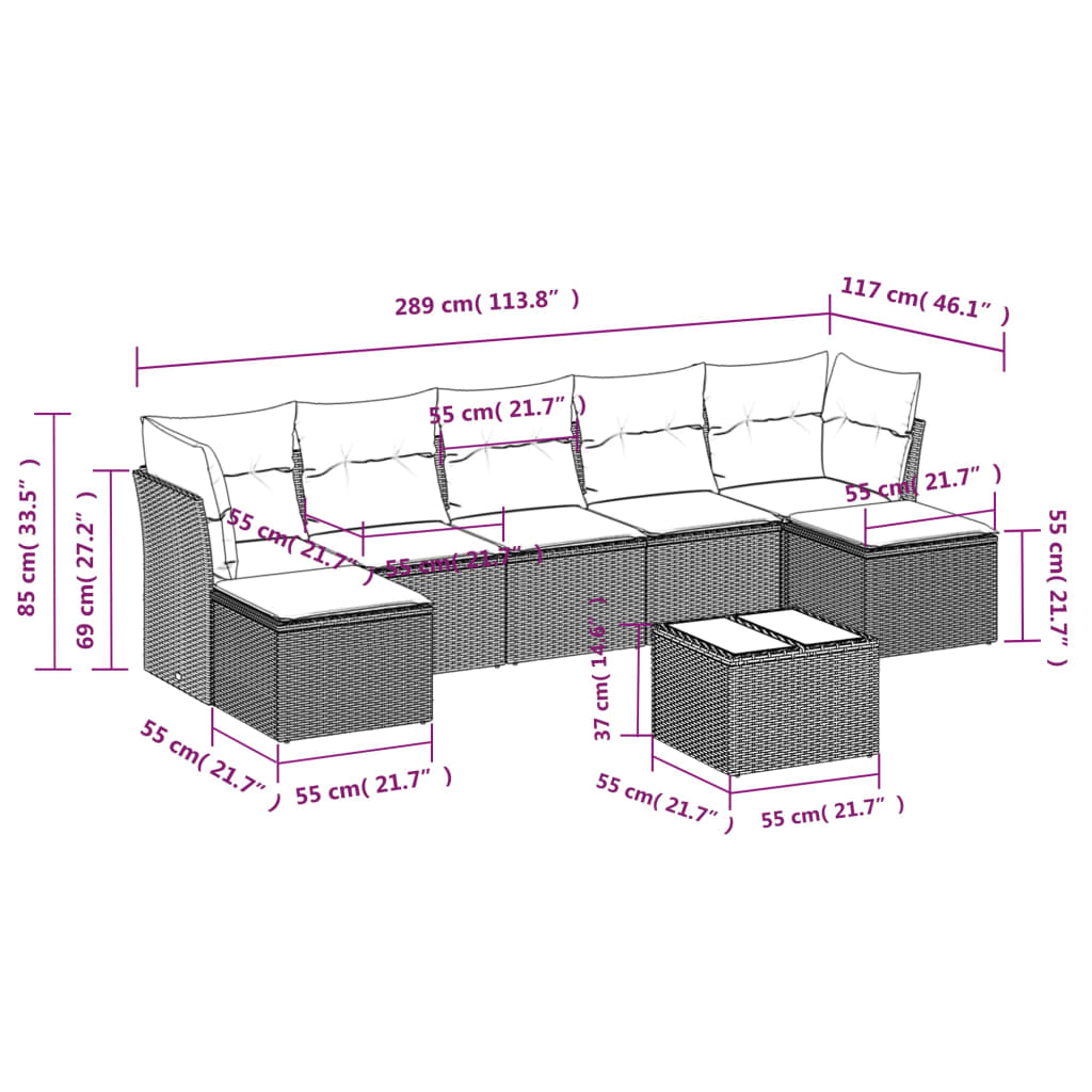 8 Pcs conjunto sofás de jardim com almofadões vime PE preto
