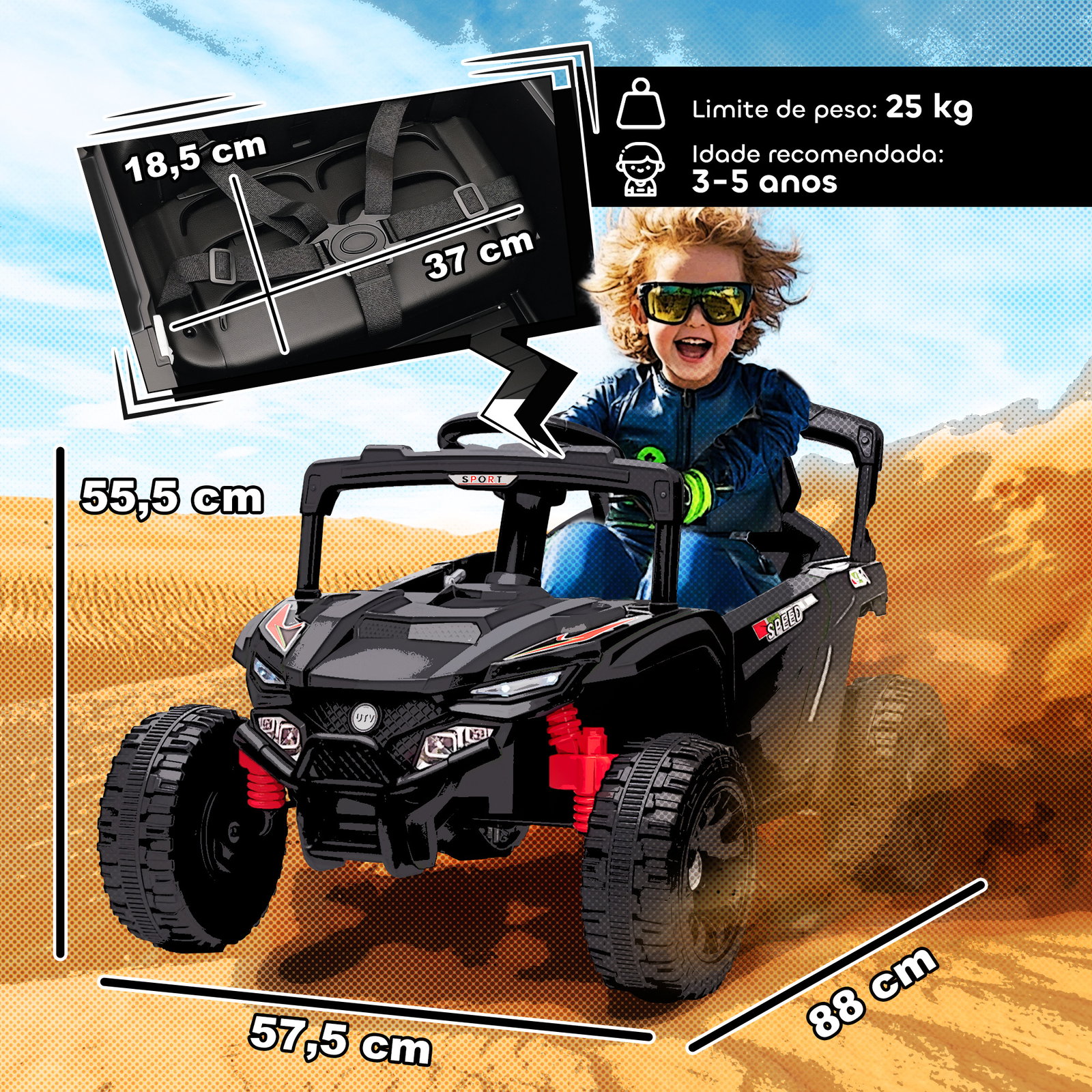 Carro elétrico para crianças 12v com 2 motores suspensão traseira faróis e música 88x57,5x55,5 cm preto