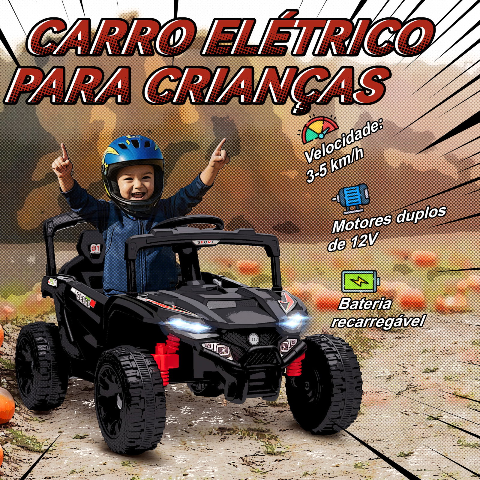 Carro elétrico para crianças 12v com 2 motores suspensão traseira faróis e música 88x57,5x55,5 cm preto