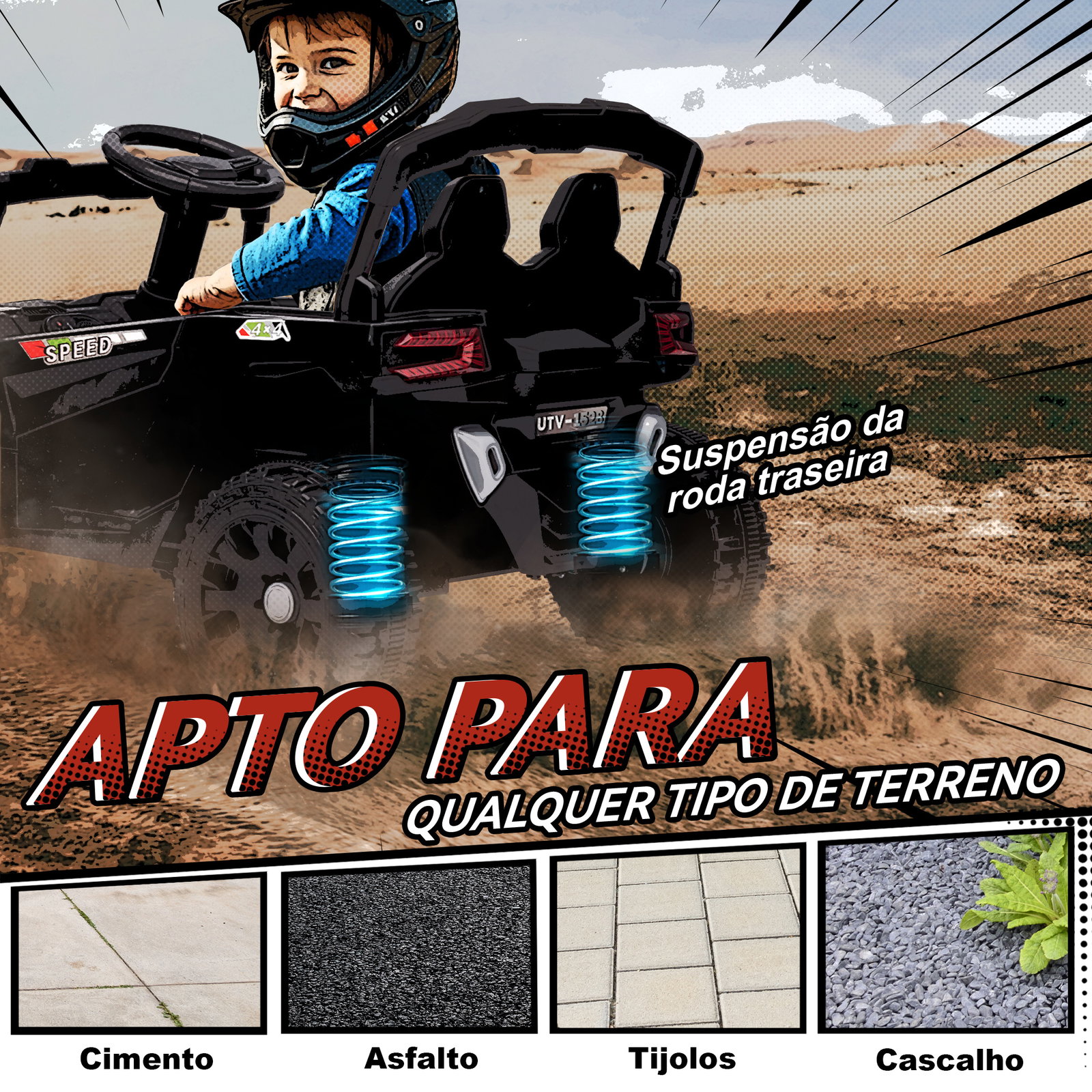 Carro elétrico para crianças 12v com 2 motores suspensão traseira faróis e música 88x57,5x55,5 cm preto